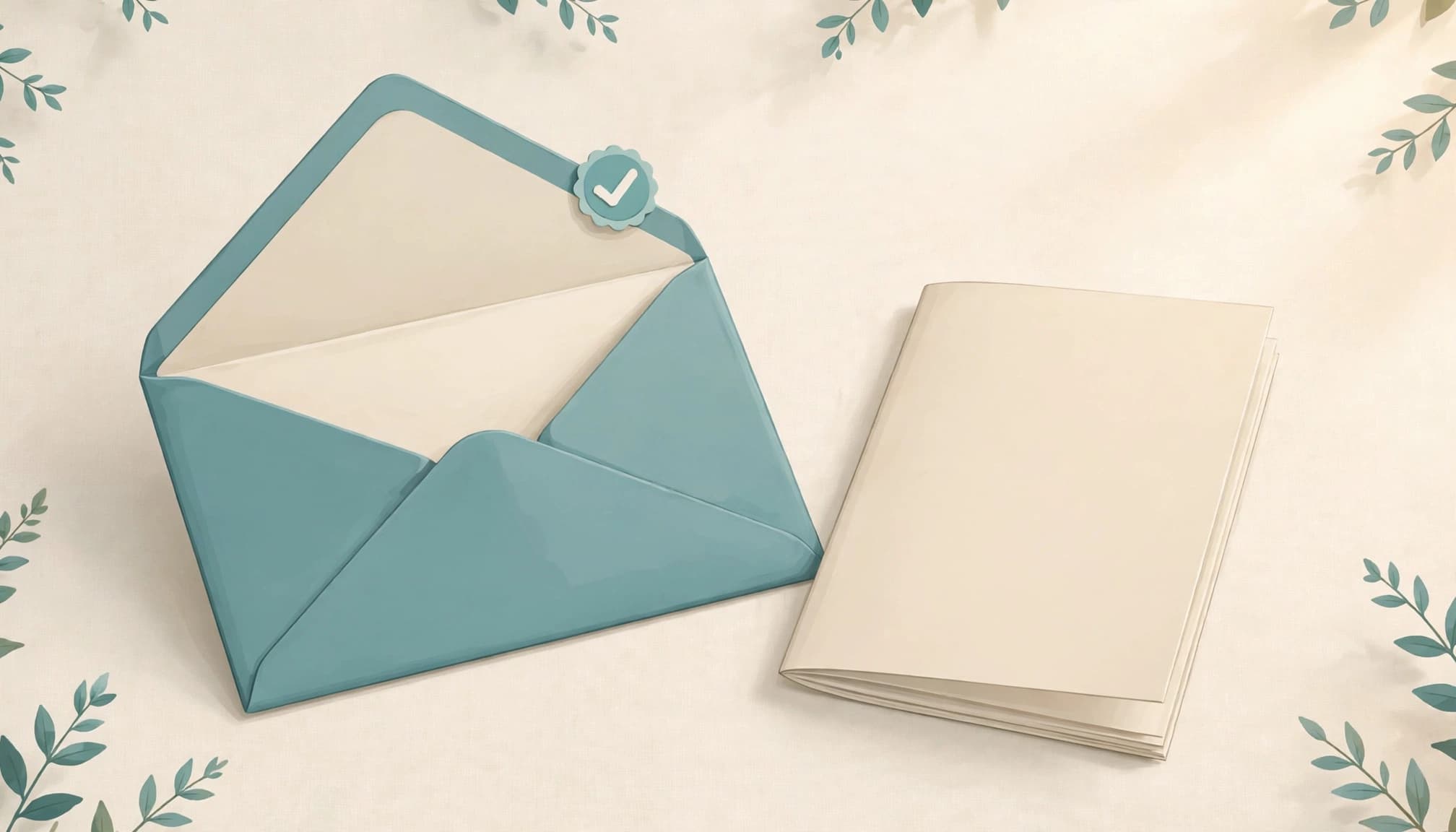 A teal envelope with a checkmark seal next to a cream booklet on a table.