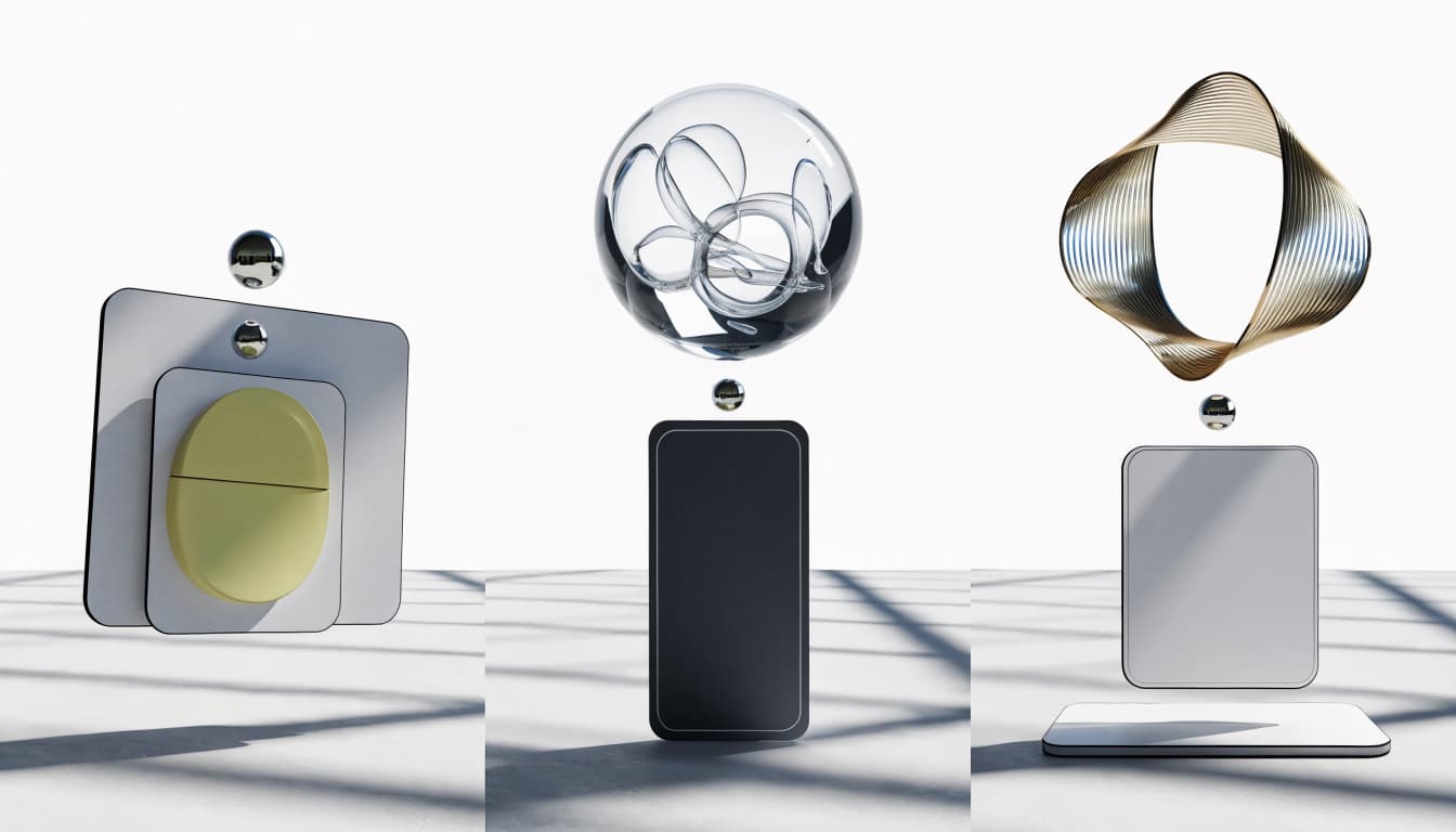 Three product cards display different assortments beside small reflective markers.
