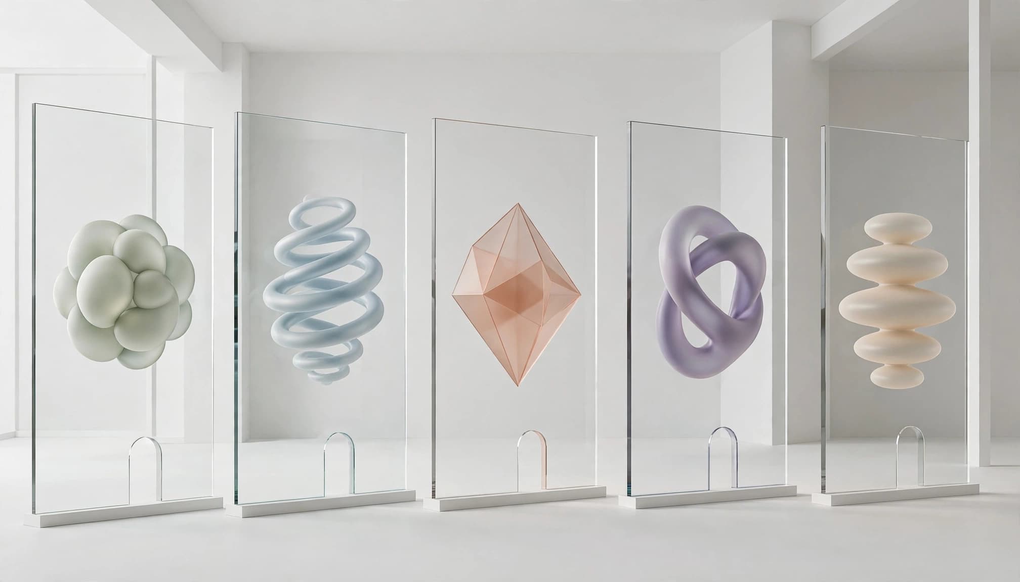 Five glass panels display varied abstract shapes and small doorway motifs in a white gallery.
