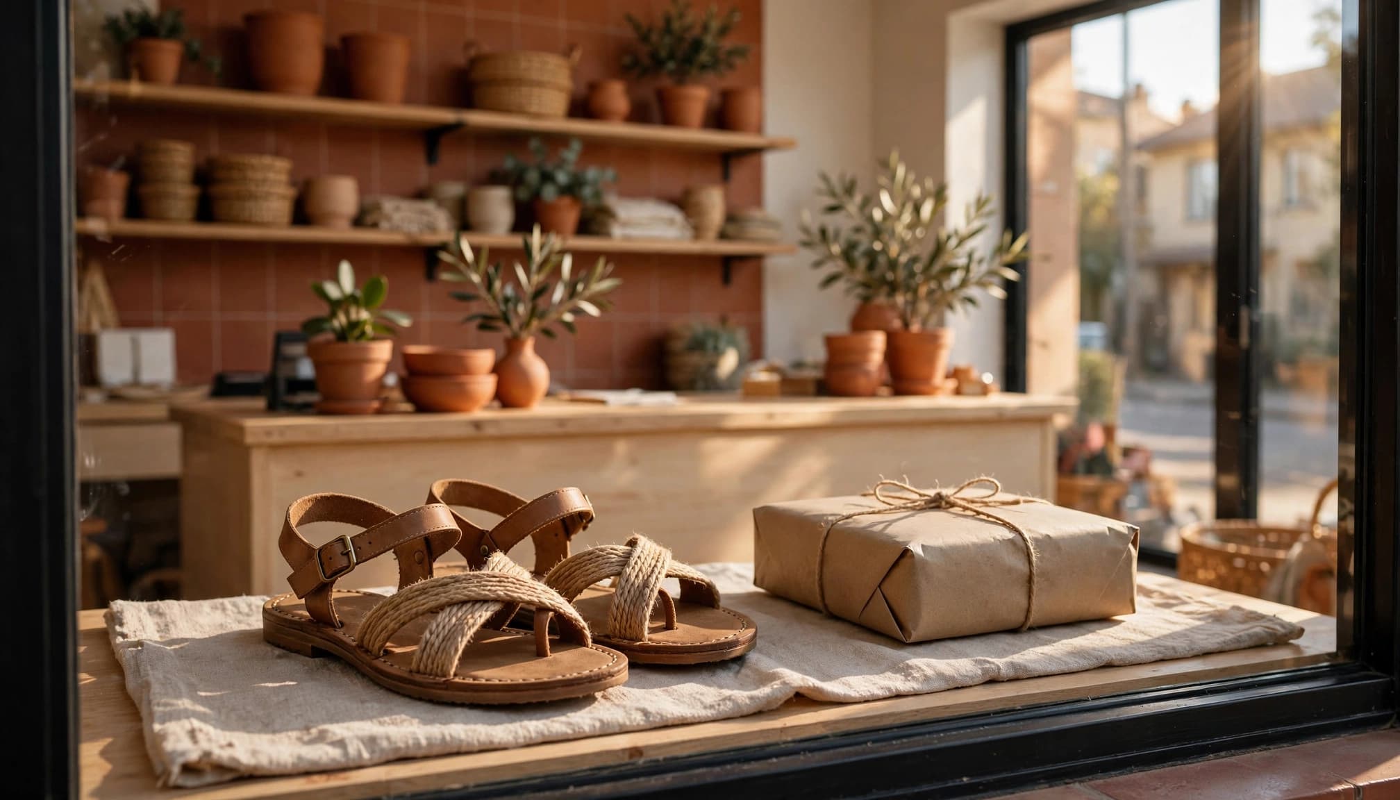 Sandals displayed with a dispatch parcel.