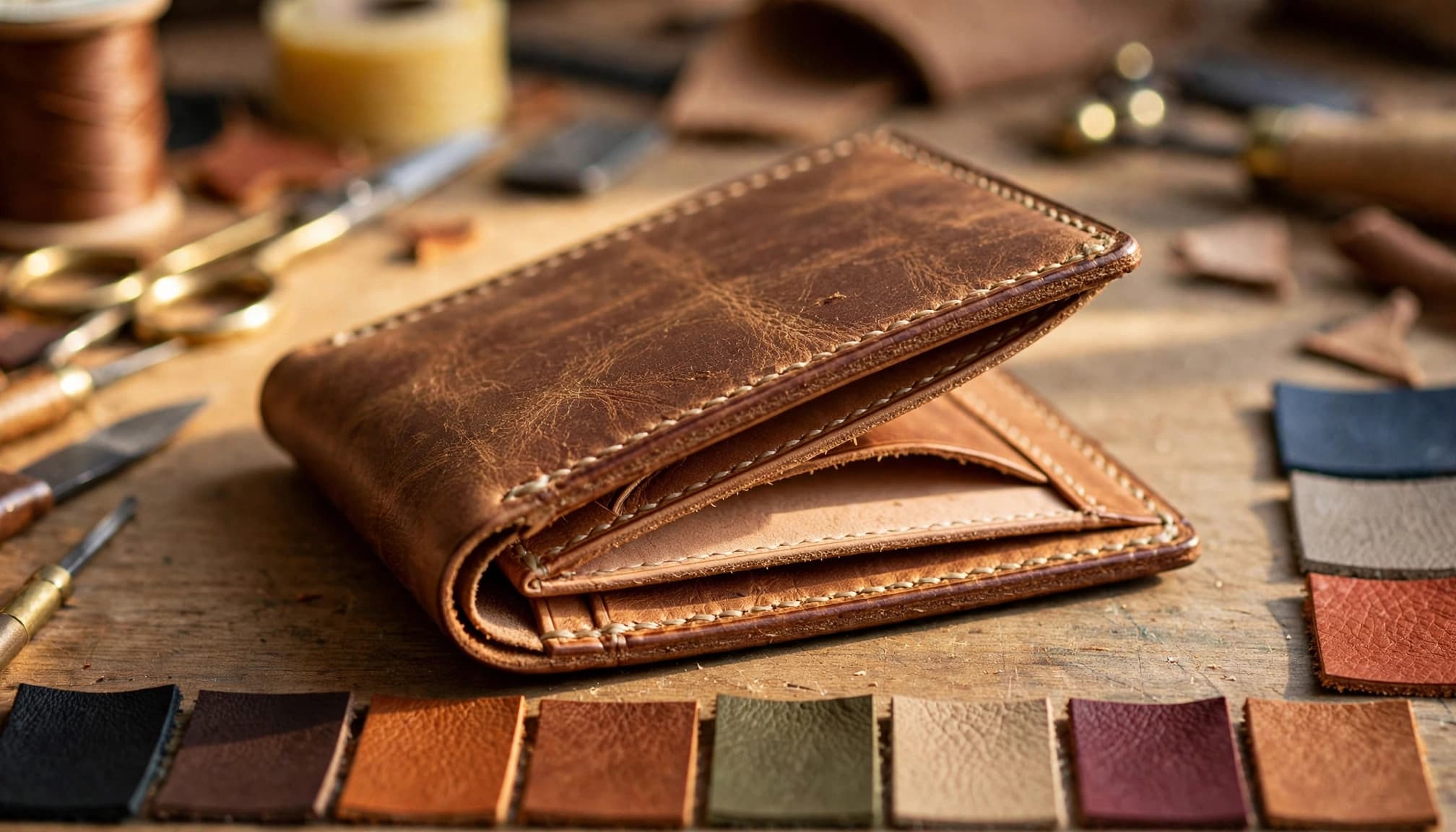 A stitched leather wallet beside small color samples on a workshop table.