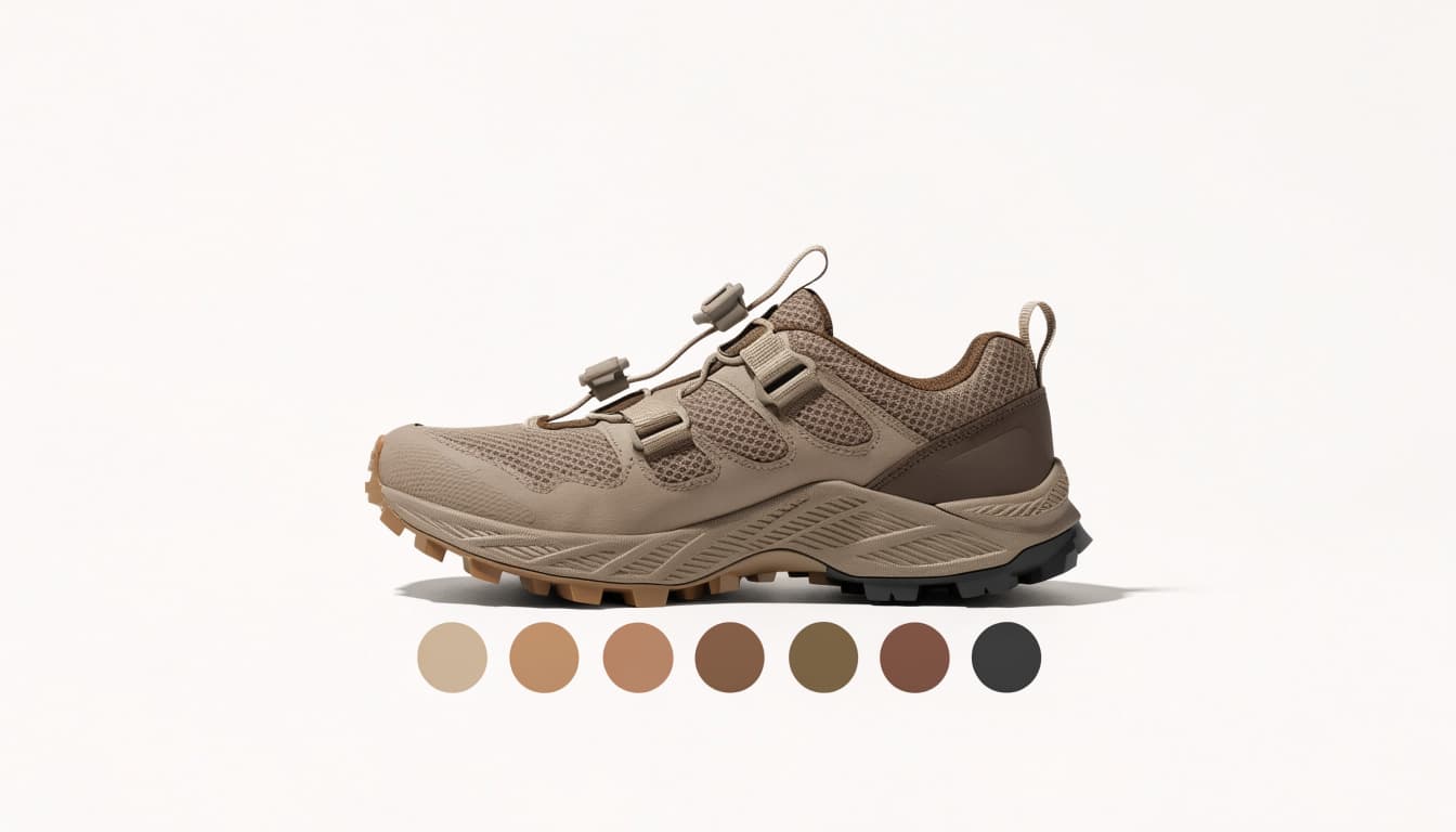 A hiking shoe centered above a neat fan of earth-tone color swatches.