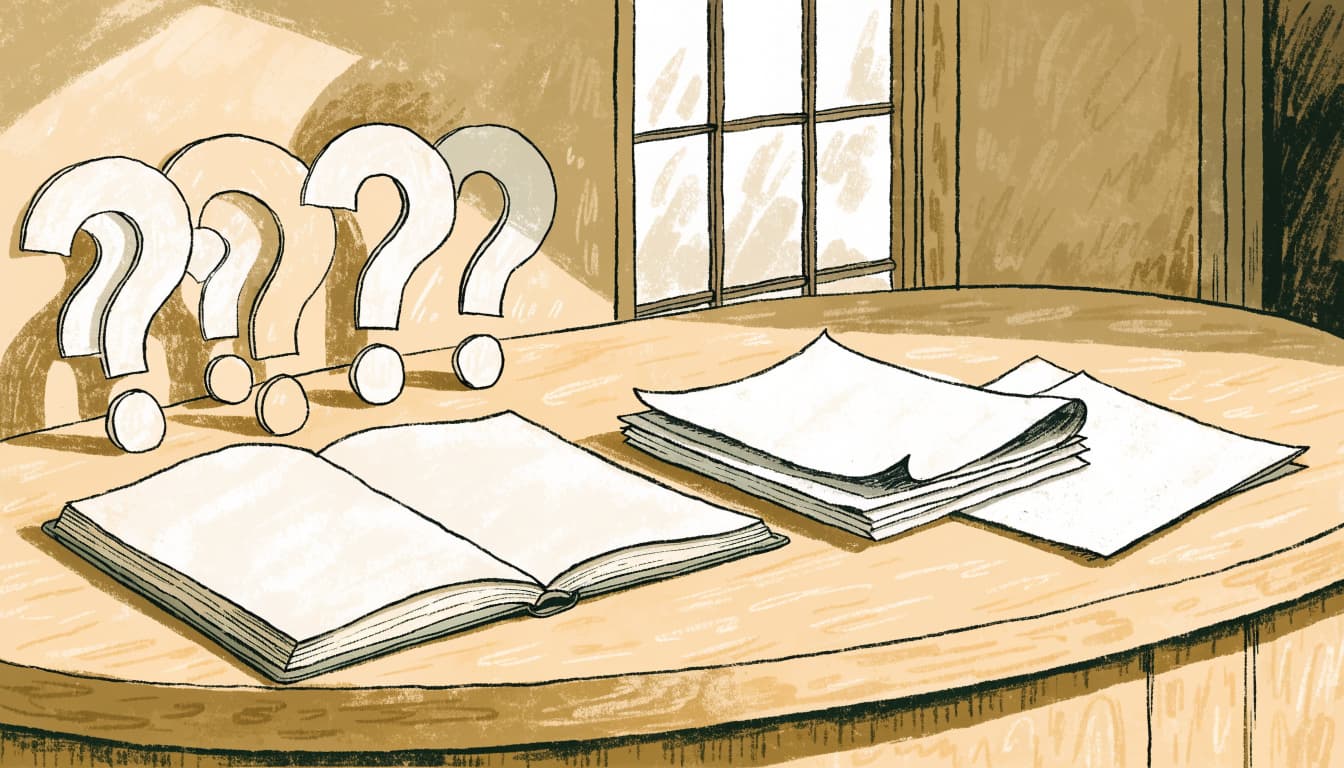 Paper question marks sit beside an open, empty appointment book on a sunny counter.