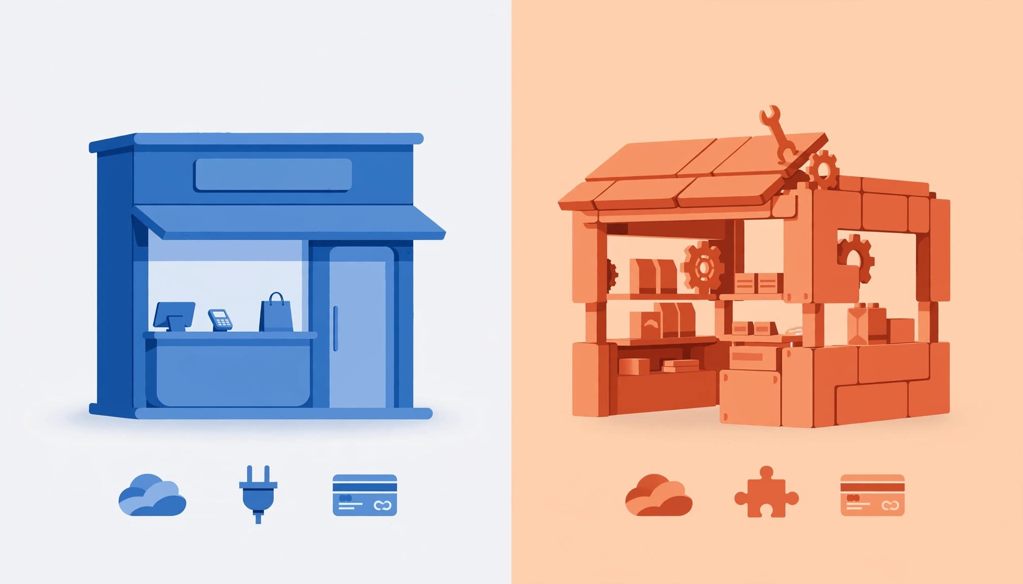 A side-by-side comparison of a blue modern storefront and an orange modular storefront with icons.