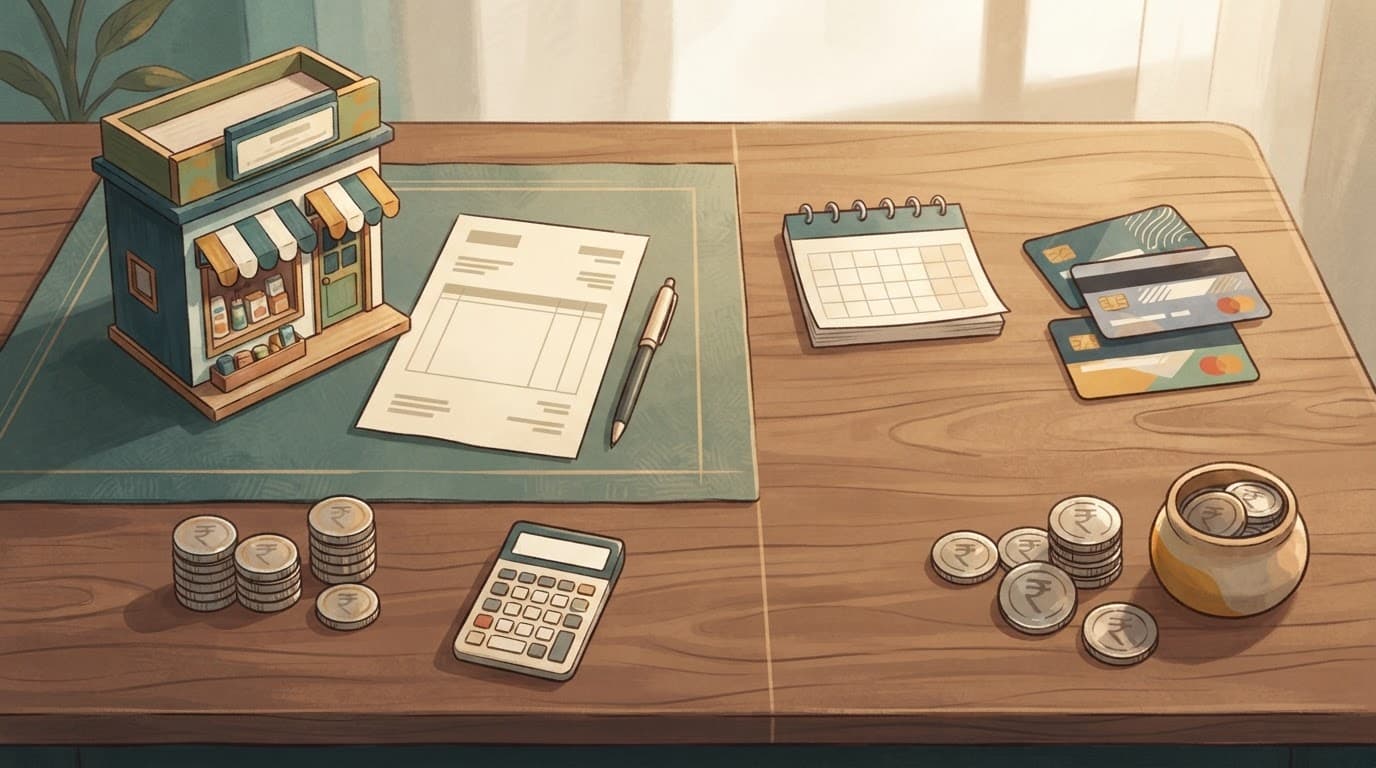 Overhead view of a wooden desk with a model storefront, calculator, coins, invoice, calendar, and cards.