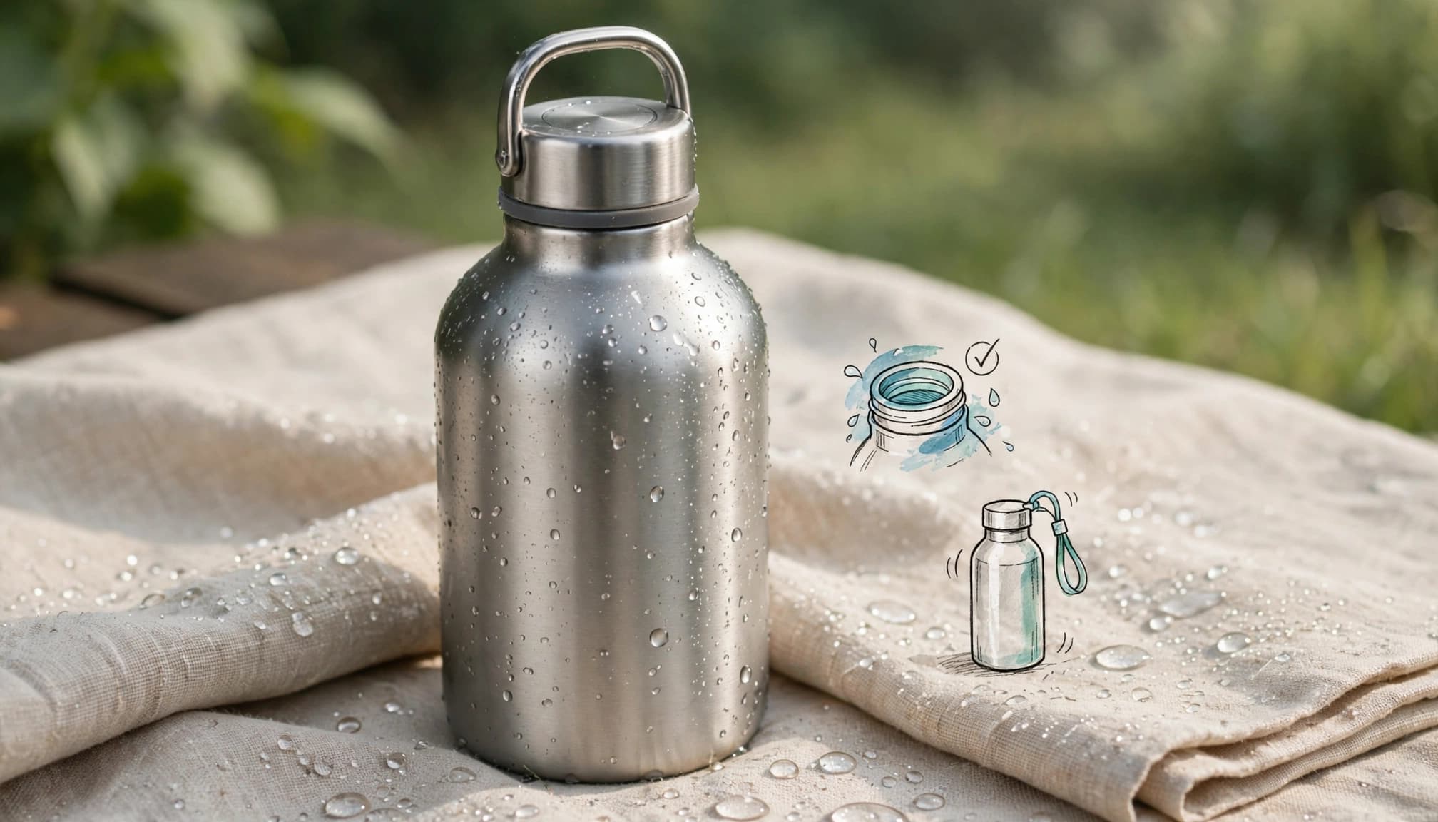 Illustrated bottle with supporting feature symbols
