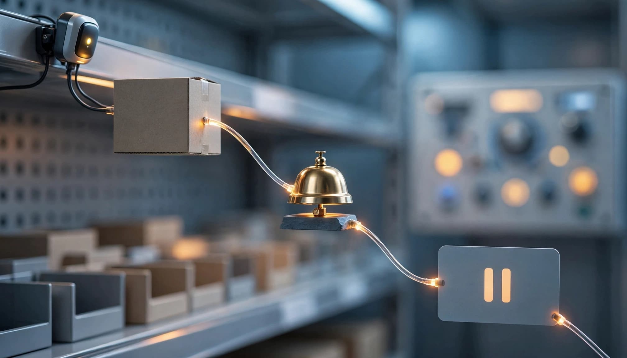 A sensor links a stock box, alert bell, and paused campaign card on a fulfillment shelf.