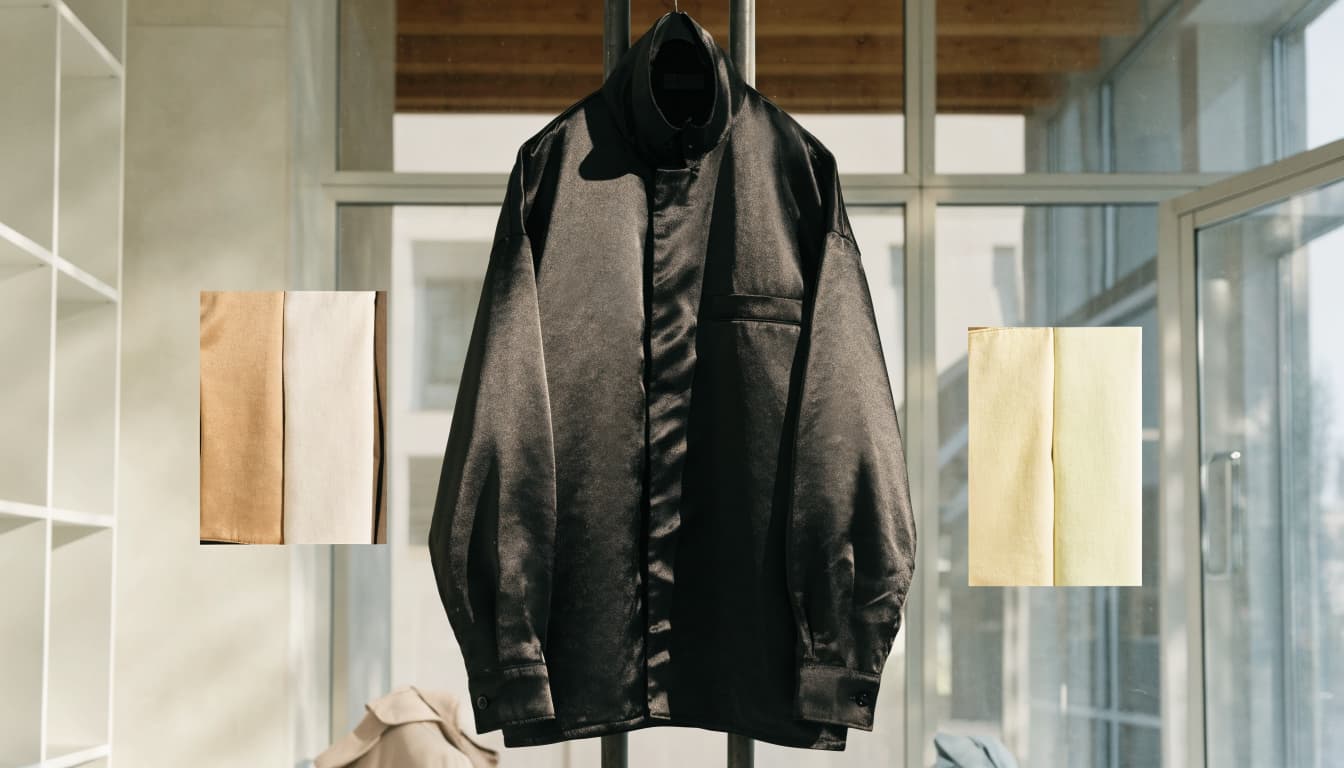 A centered jacket with color swatches and matching garments in a bright studio.