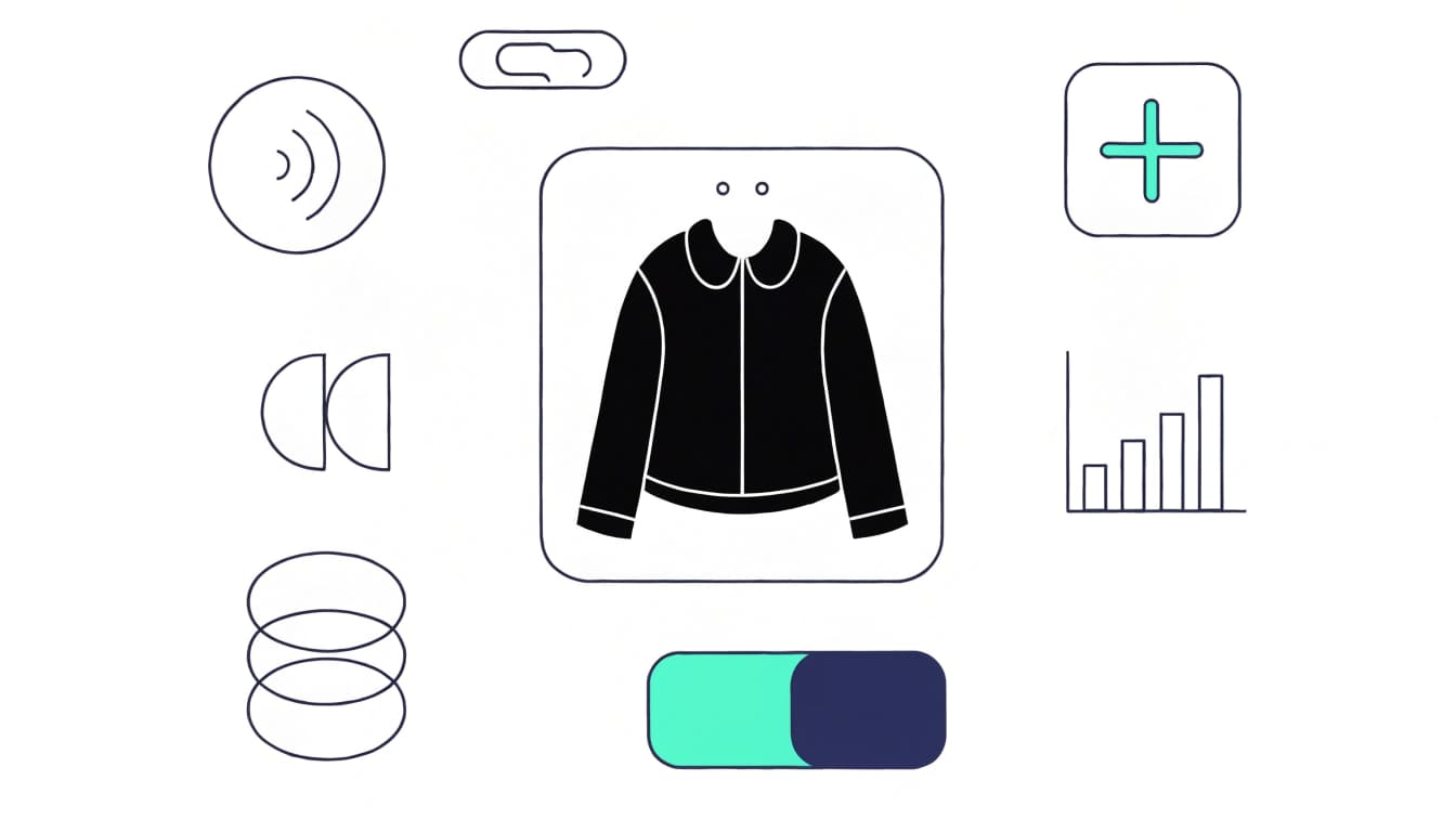 A jacket surrounded by product attribute symbols