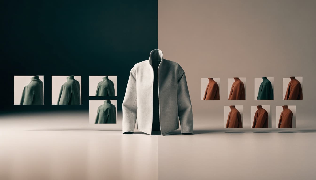 A jacket with color swatches beside a row of separate garment cards.