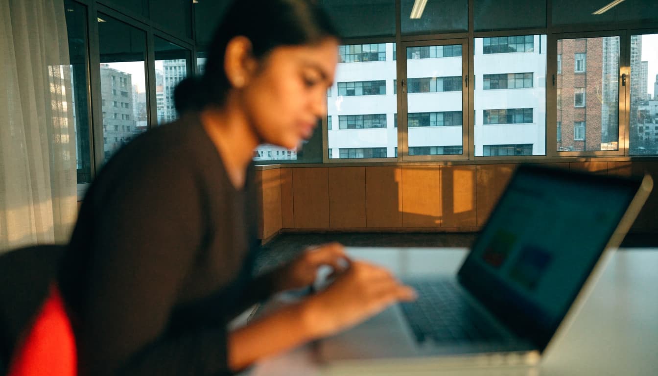 A sales coordinator enters prospect details on a laptop in a bright office.