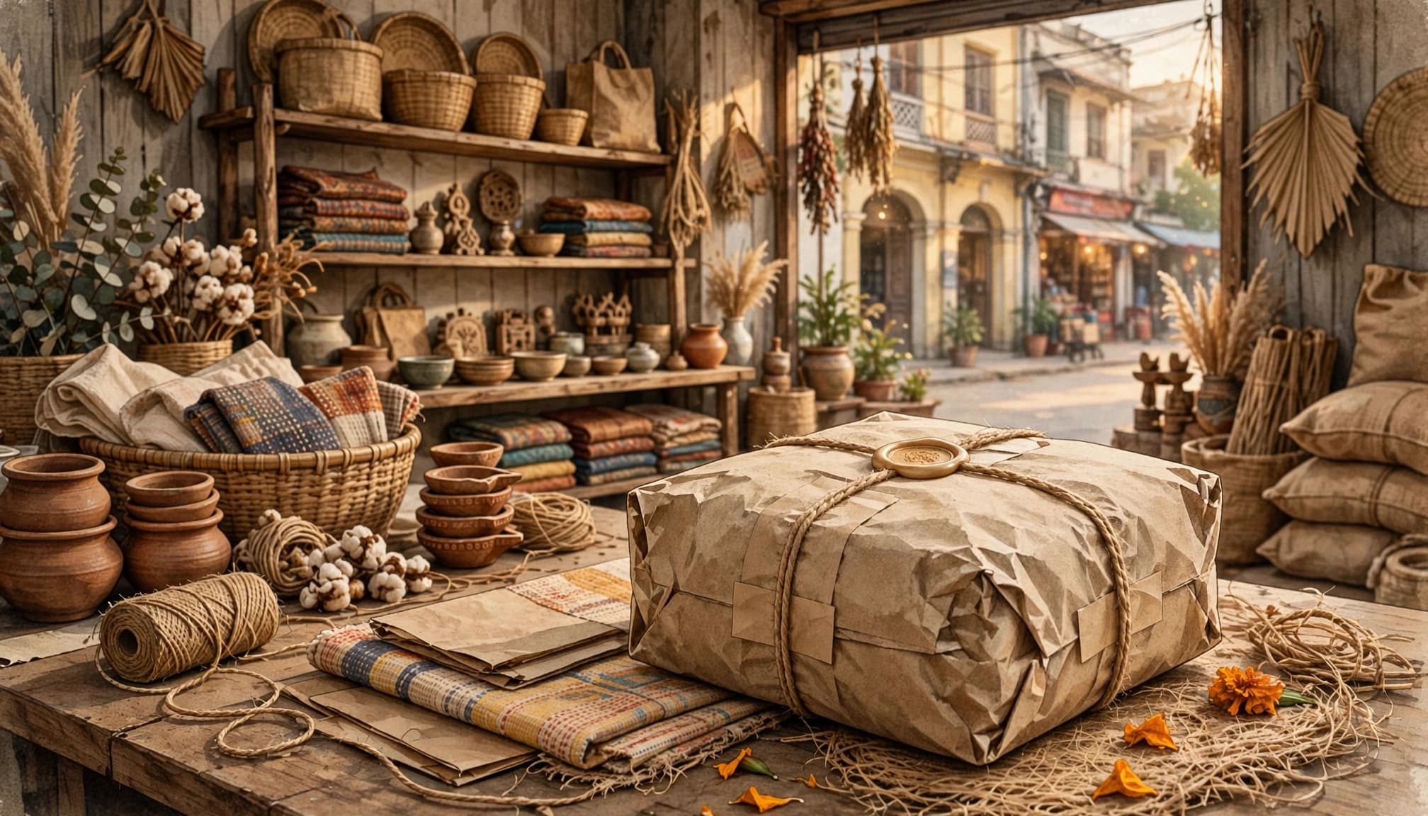 A neatly wrapped parcel with twine sits on a wooden table inside an artisan shop with shelves of handmade goods.