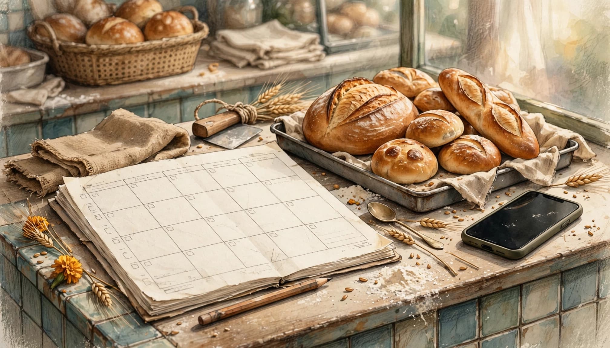 A planner beside fresh bakery products.