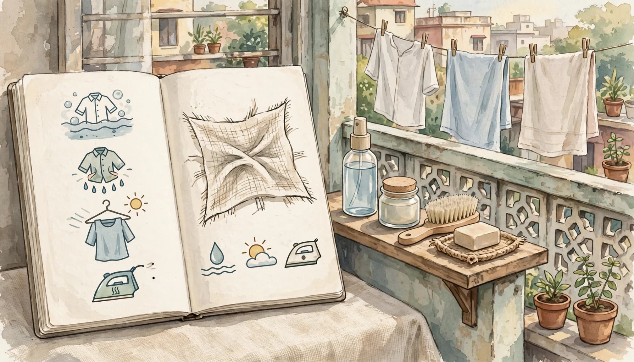 Garment-care illustrations on a sunny laundry balcony.