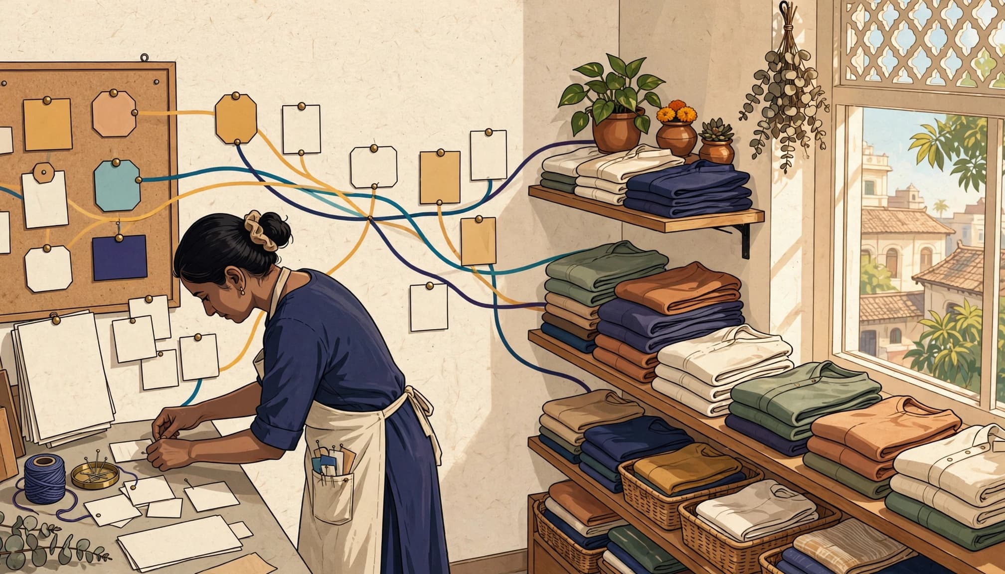 Illustrated connections between article topics and boutique products.