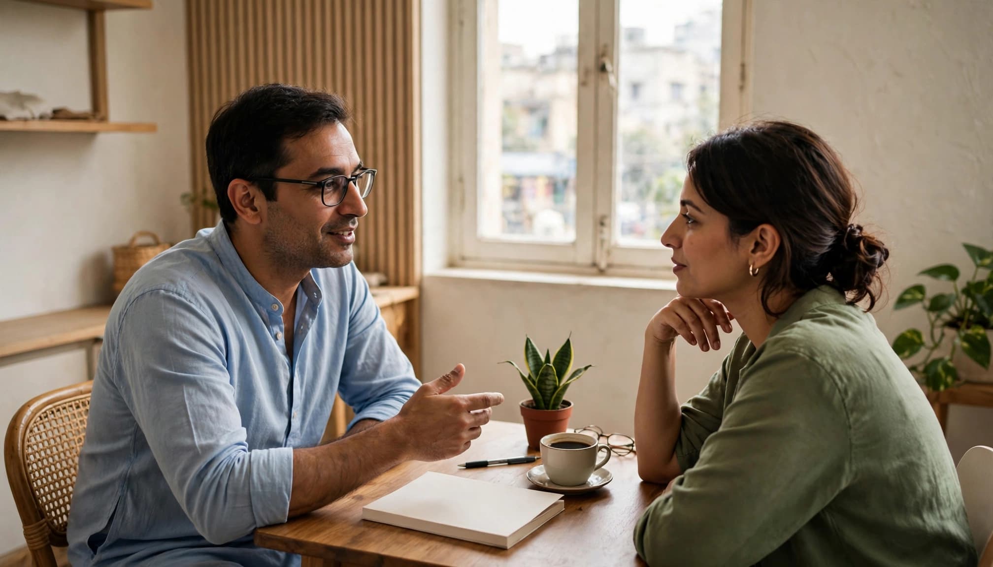 An advisor and client talk across a table beside a blank booklet.