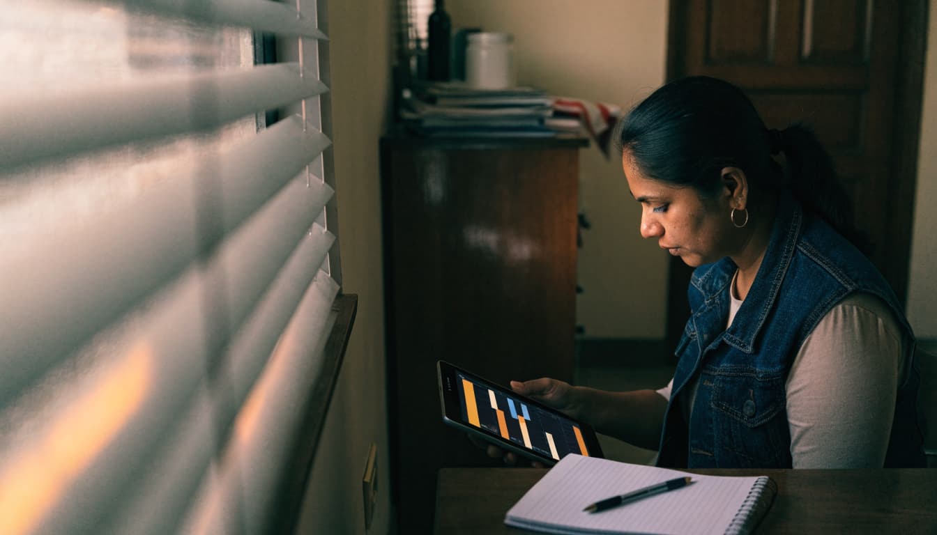 A business owner reviews blurred dashboard bars on a tablet beside an open notebook.