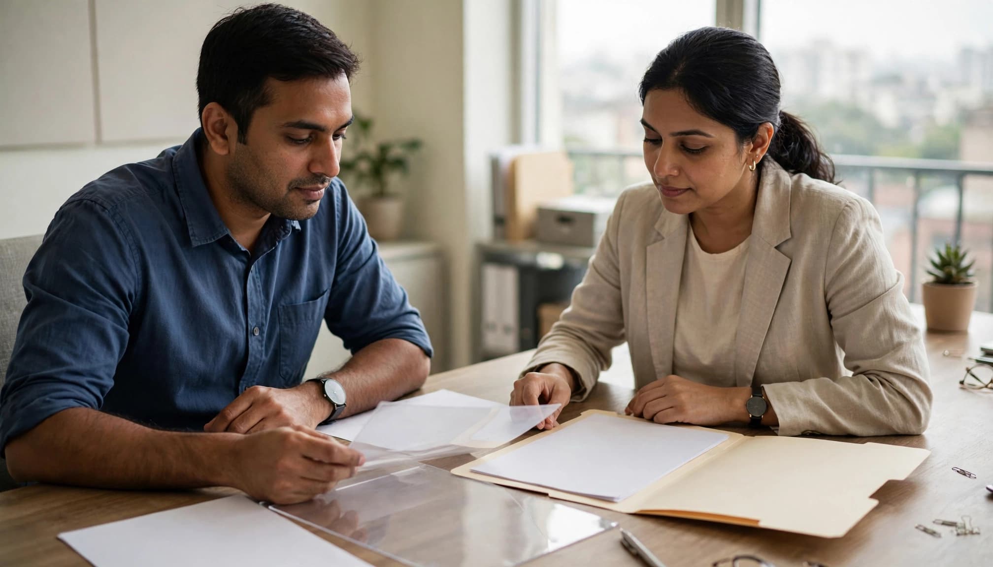 Two professionals review blank paperwork and a tax folder at a conference table.