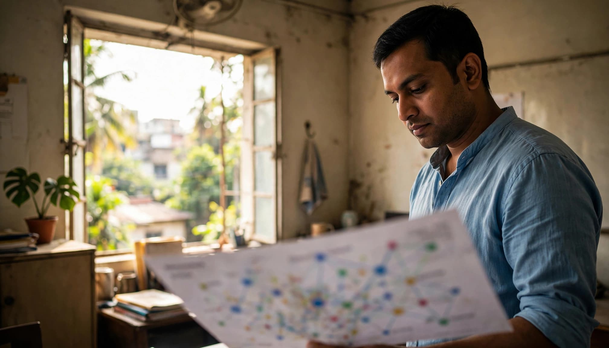 A business owner studies a colorful network map beside a bright window.