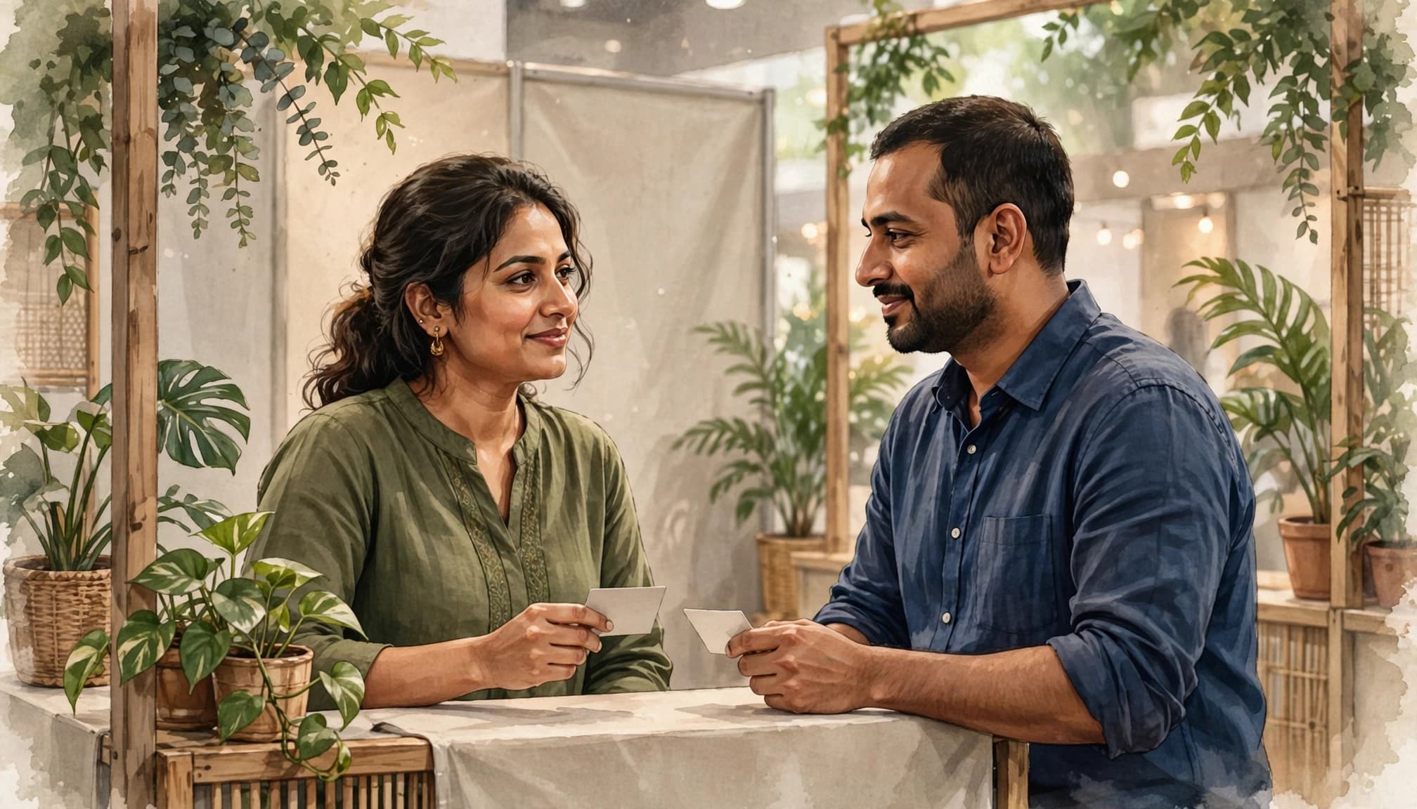 An illustration of a man and woman exchanging cards at a networking event.