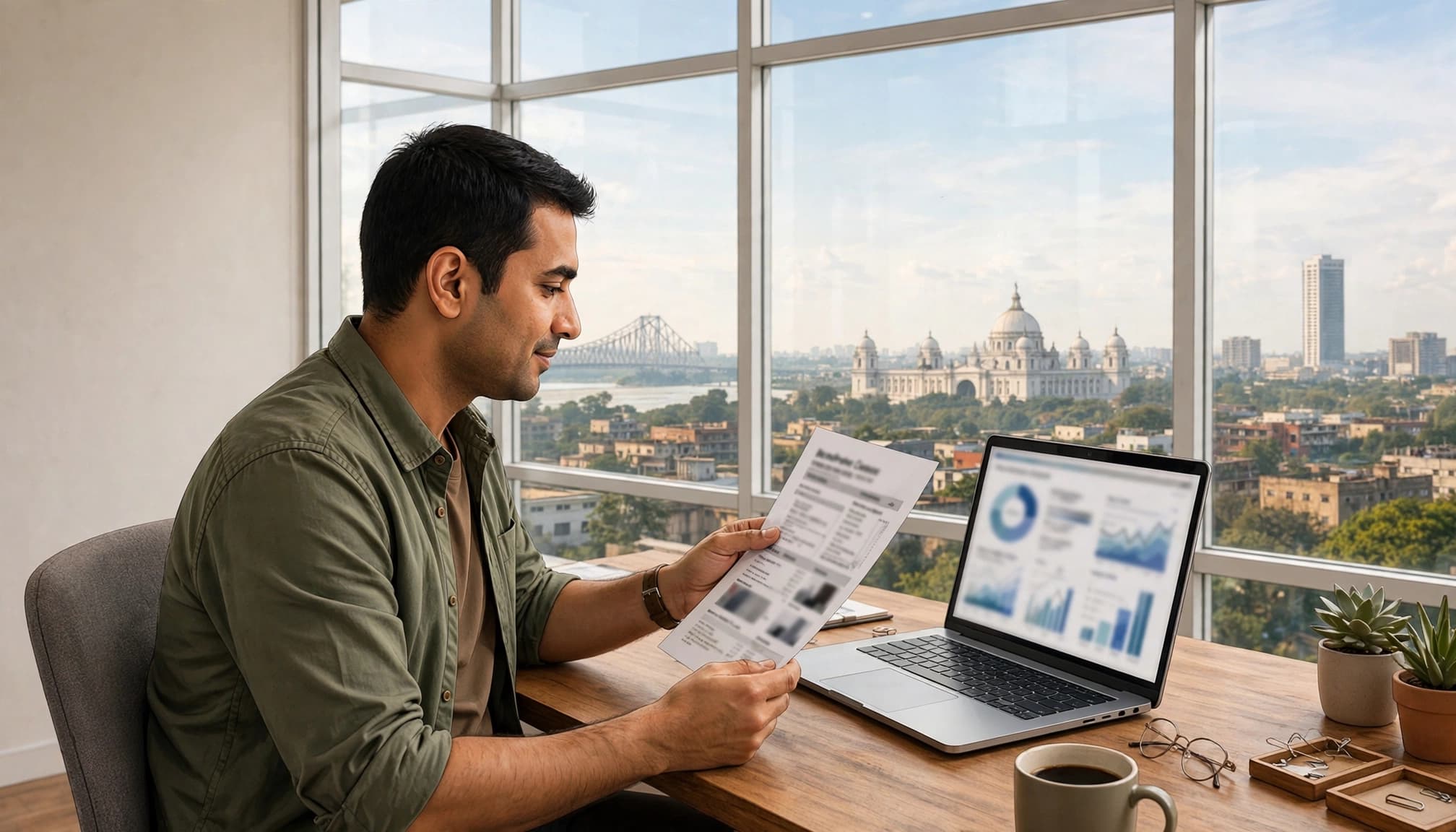 A man reviewing a vendor comparison sheet next to a laptop in an office with a Kolkata city view.