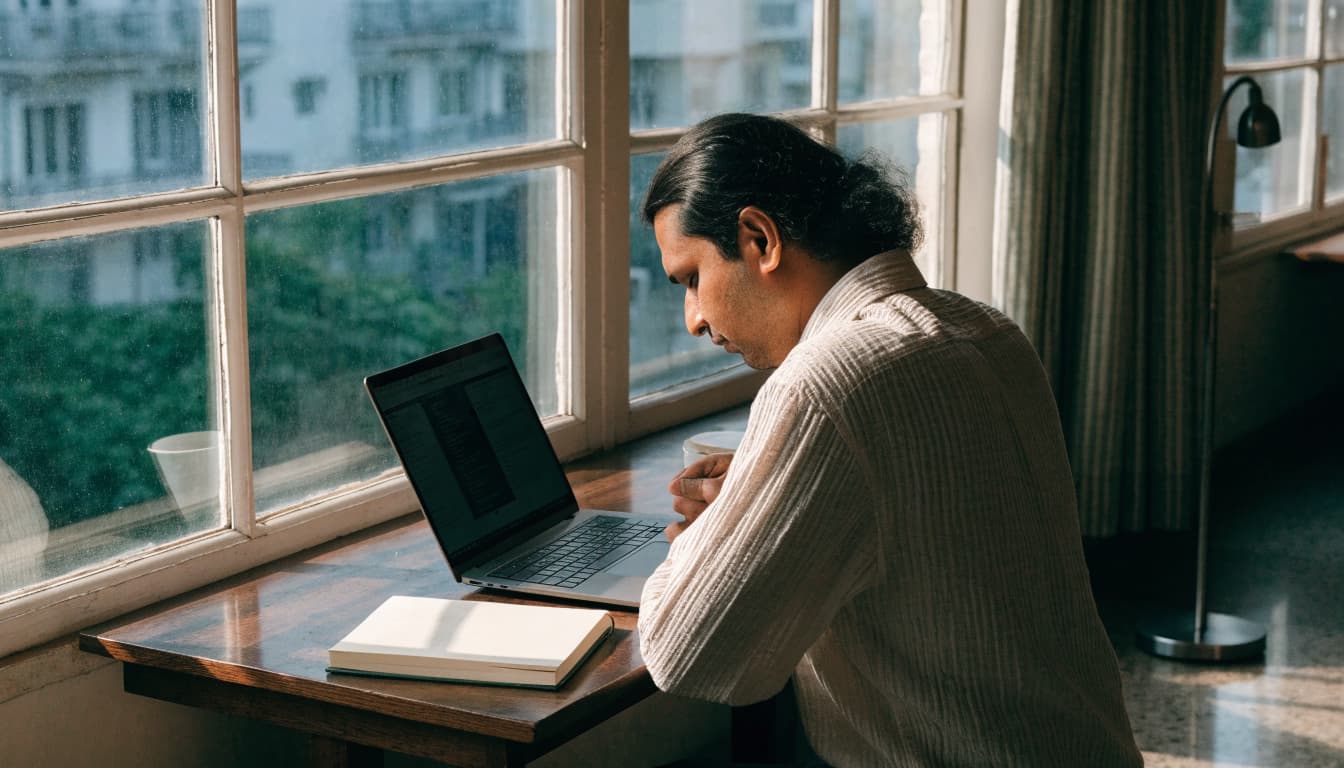 A business owner researches beside a laptop and blank notebook in a sunny cafe.