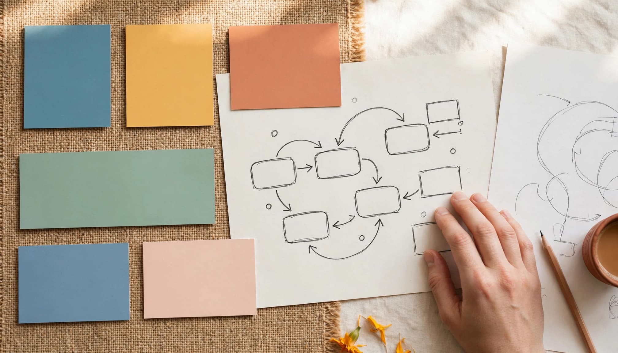 A consultant's hands beside a paper diagram and colorful abstract business cards.