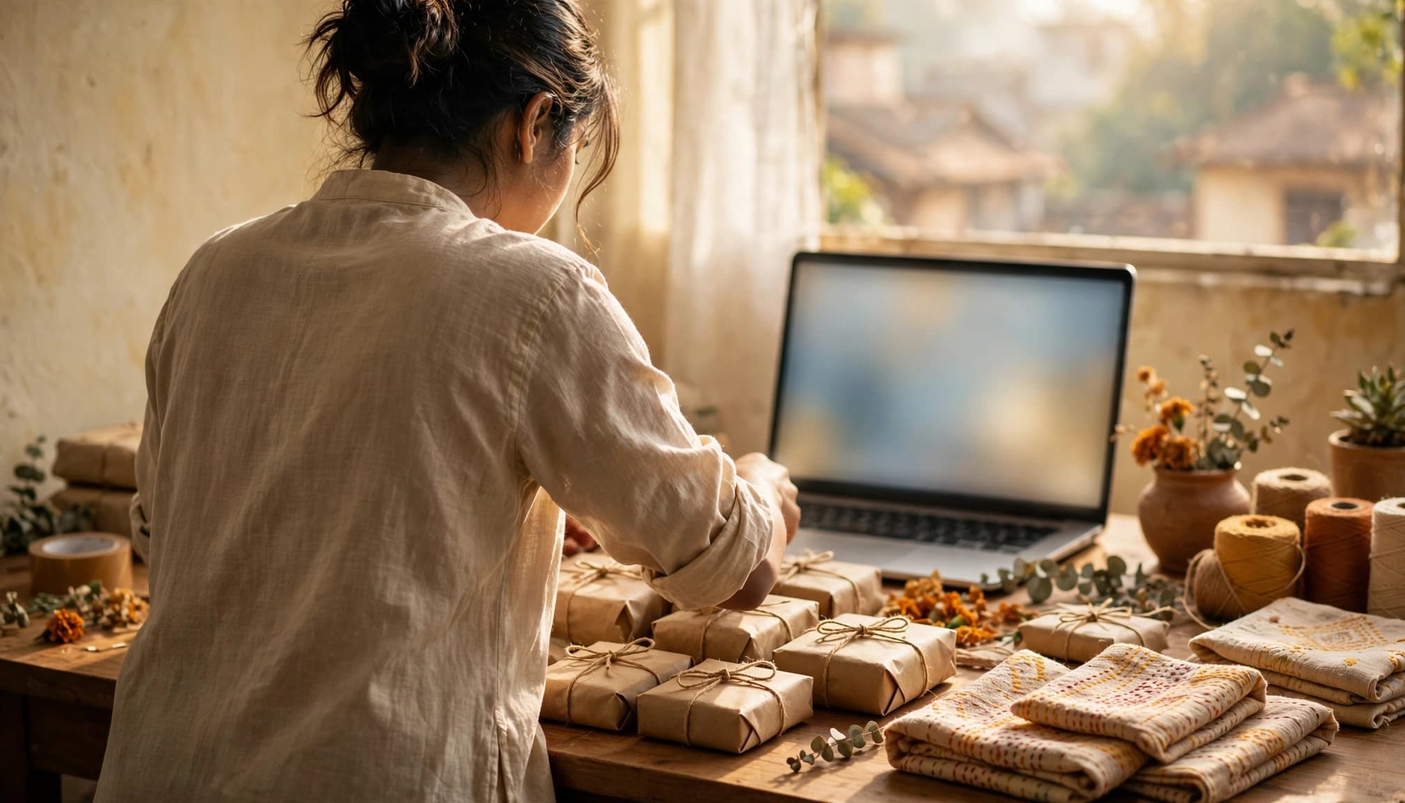 A person from behind packages handmade items at a desk with an open laptop.