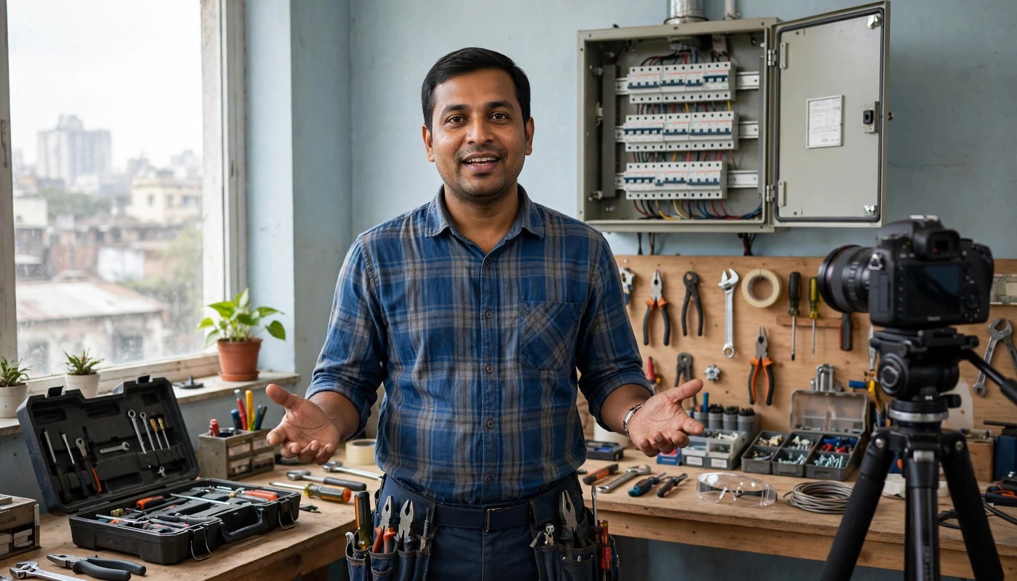 An electrician explains a repair beside a switched-off panel and organized tools.