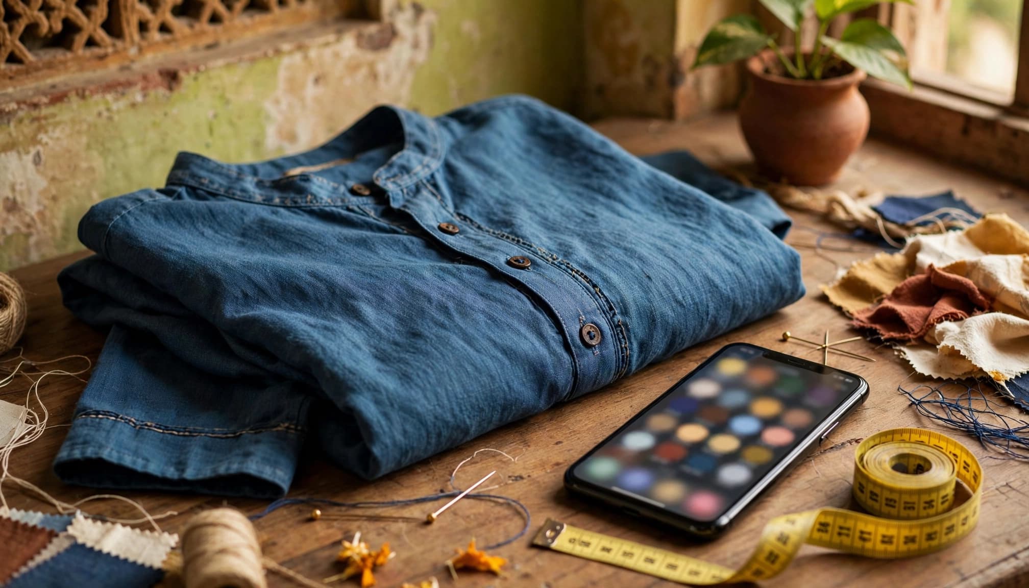 A garment, phone with blurred color swatches, and measuring tape on a wooden counter.