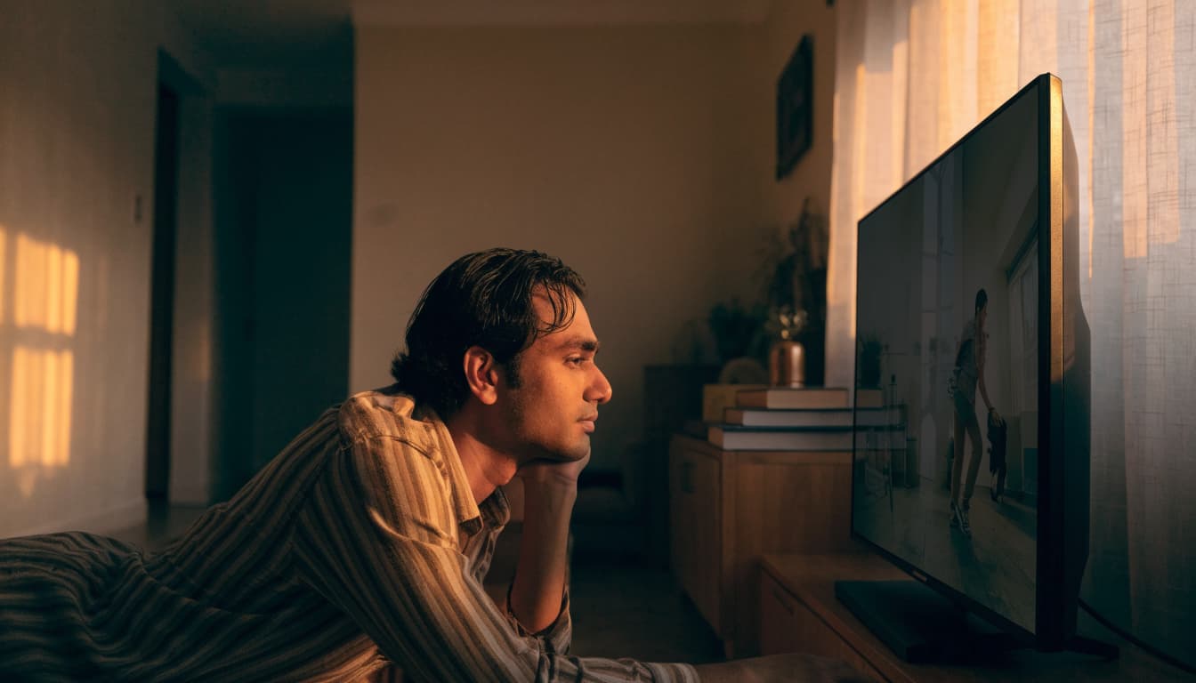 A homeowner watches a softly blurred demonstration on television in a warmly lit apartment.