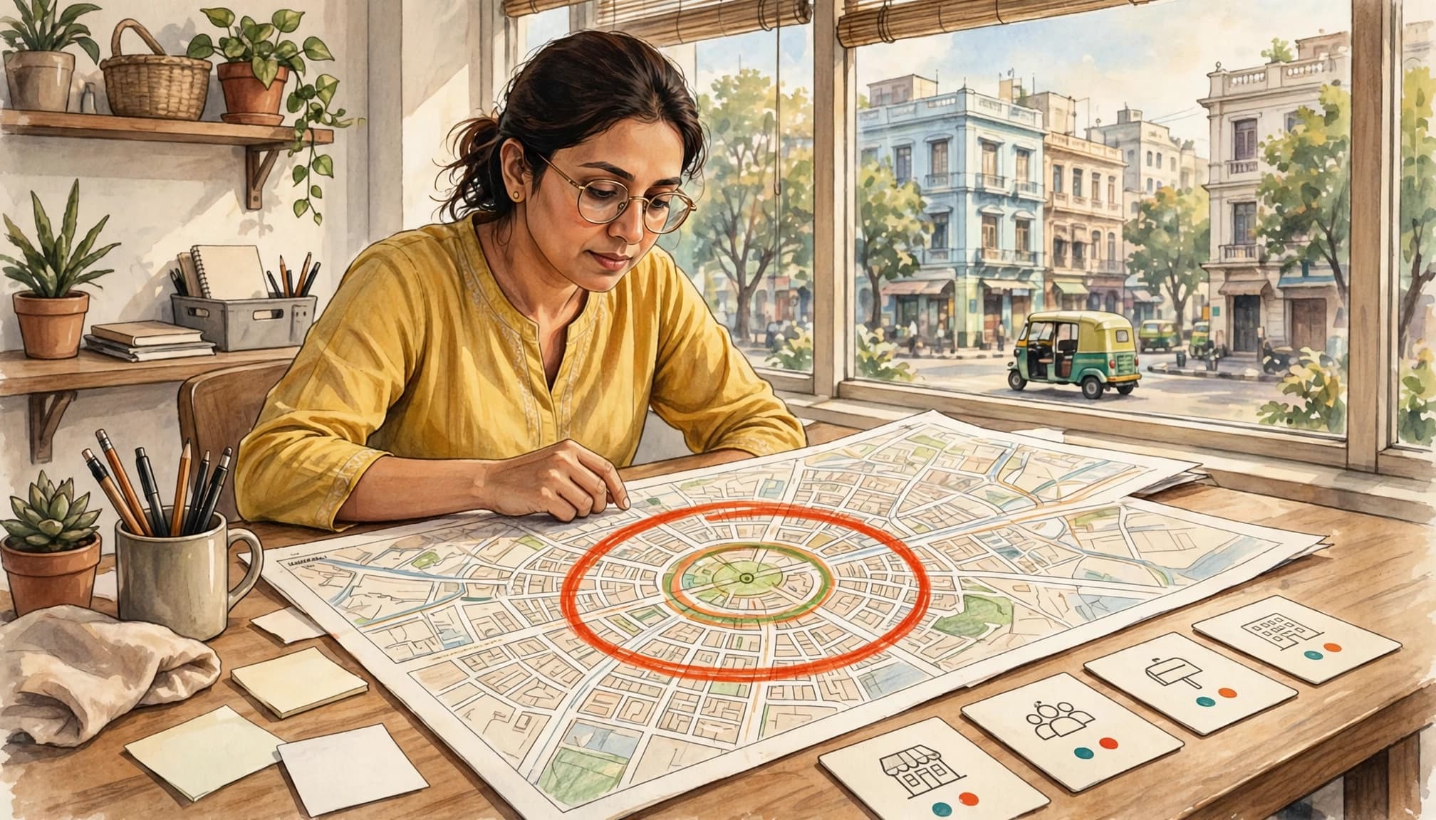 A woman reviewing a large map with a highlighted red circle at a wooden desk in a bright office.