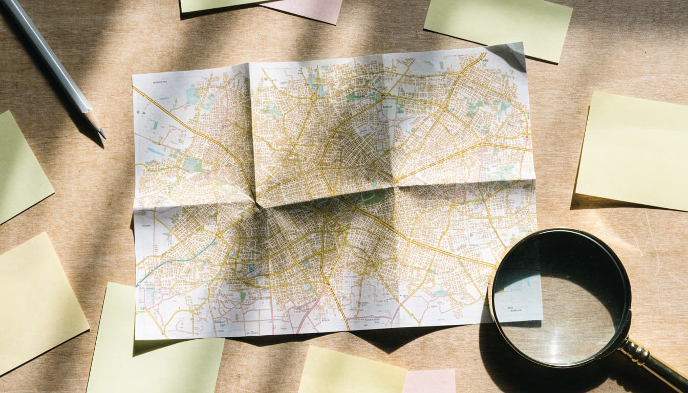 A Kolkata street map with blank notes, a pencil, and a magnifying glass on a desk.