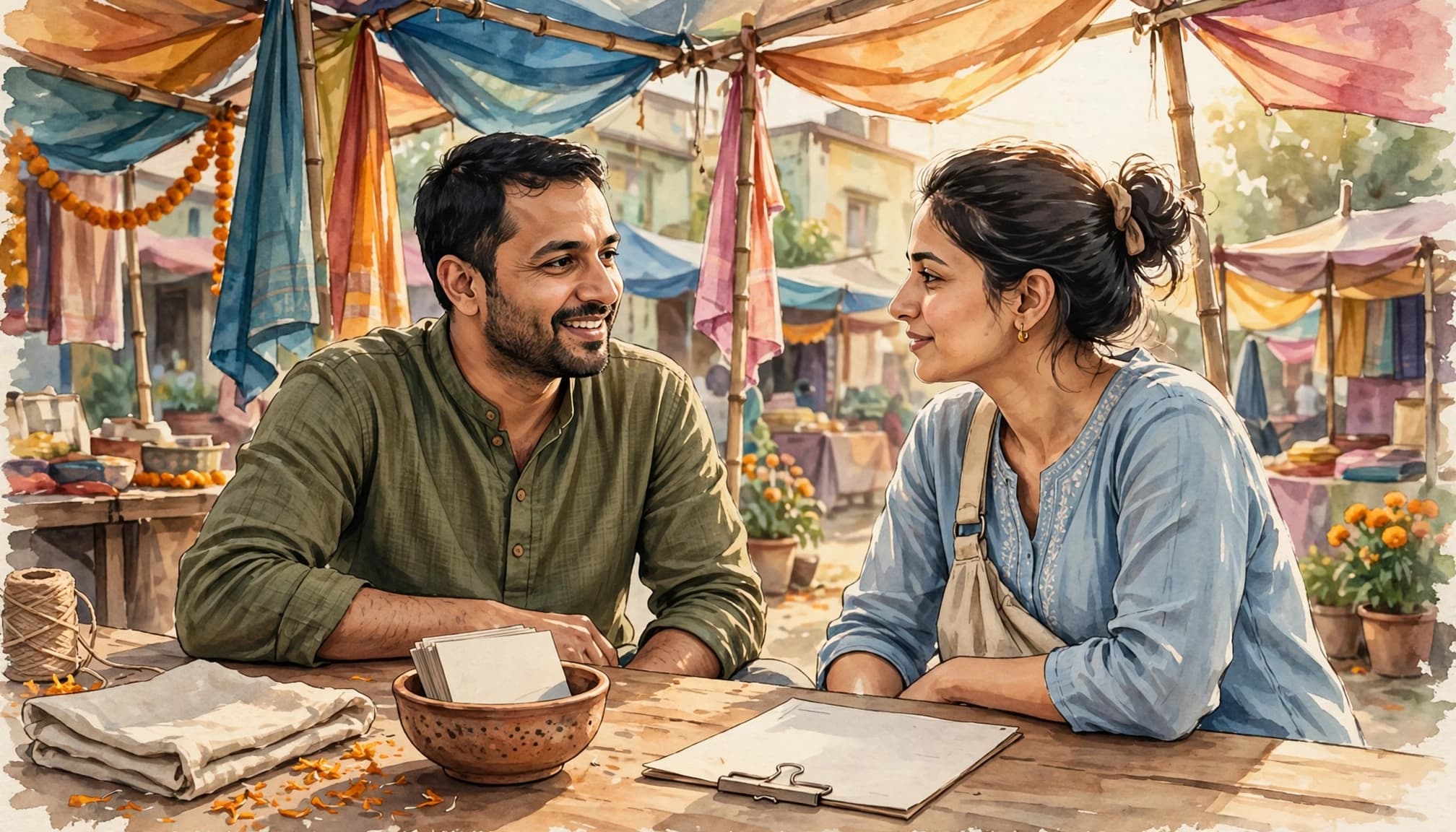 A man and woman talk across a wooden table at an outdoor market beneath colorful awnings.