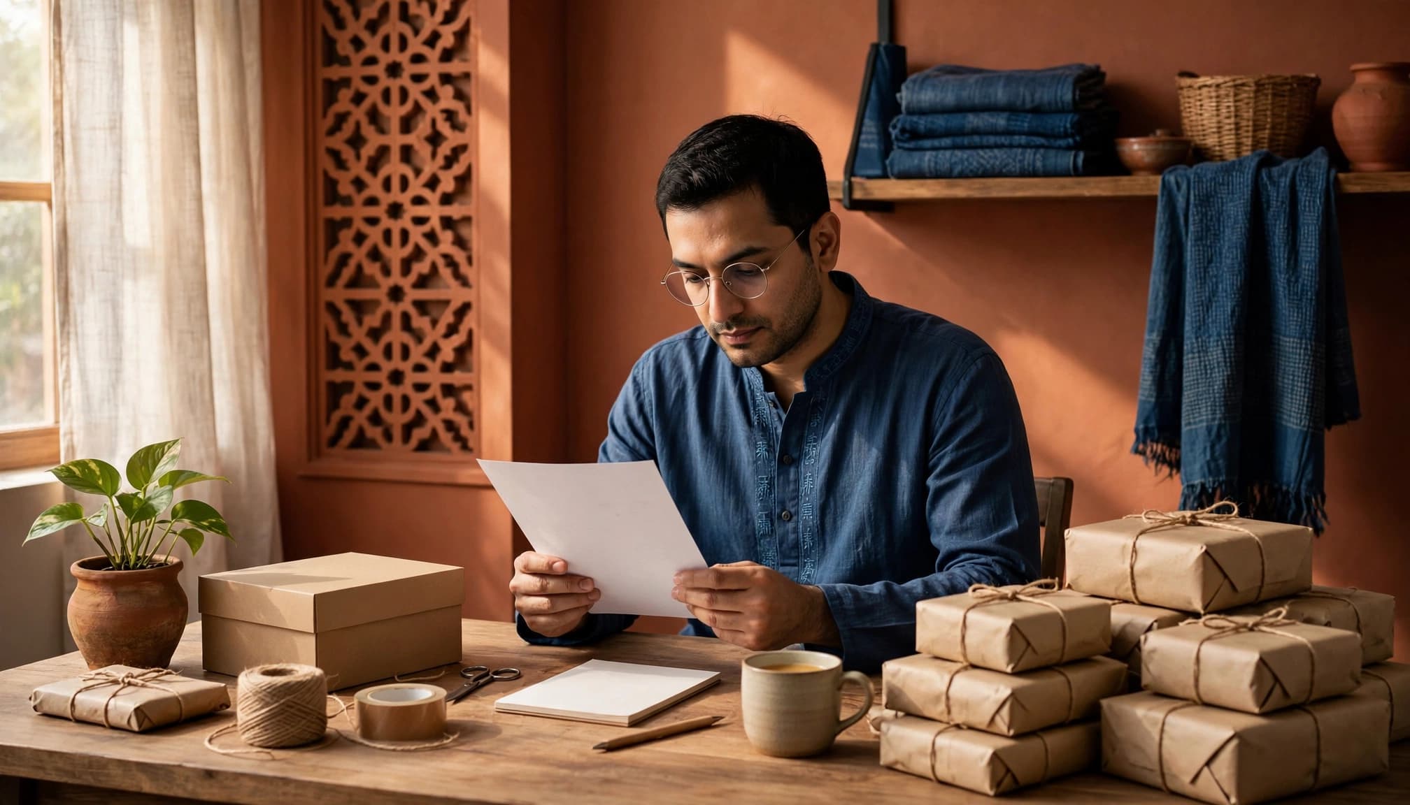 A merchant reviews return-policy documents.
