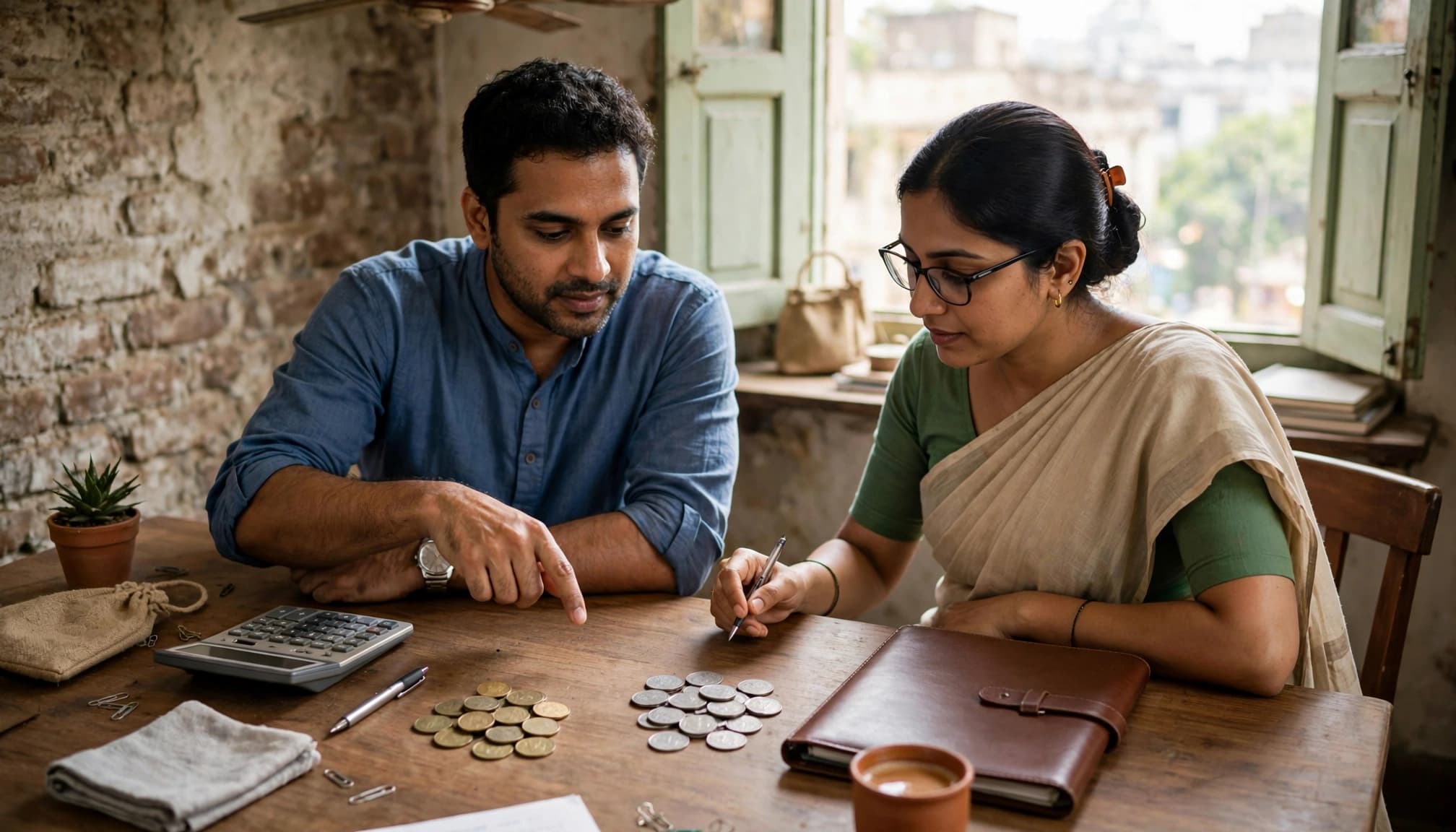 A business owner and bookkeeper review currency tokens beside a closed folder.