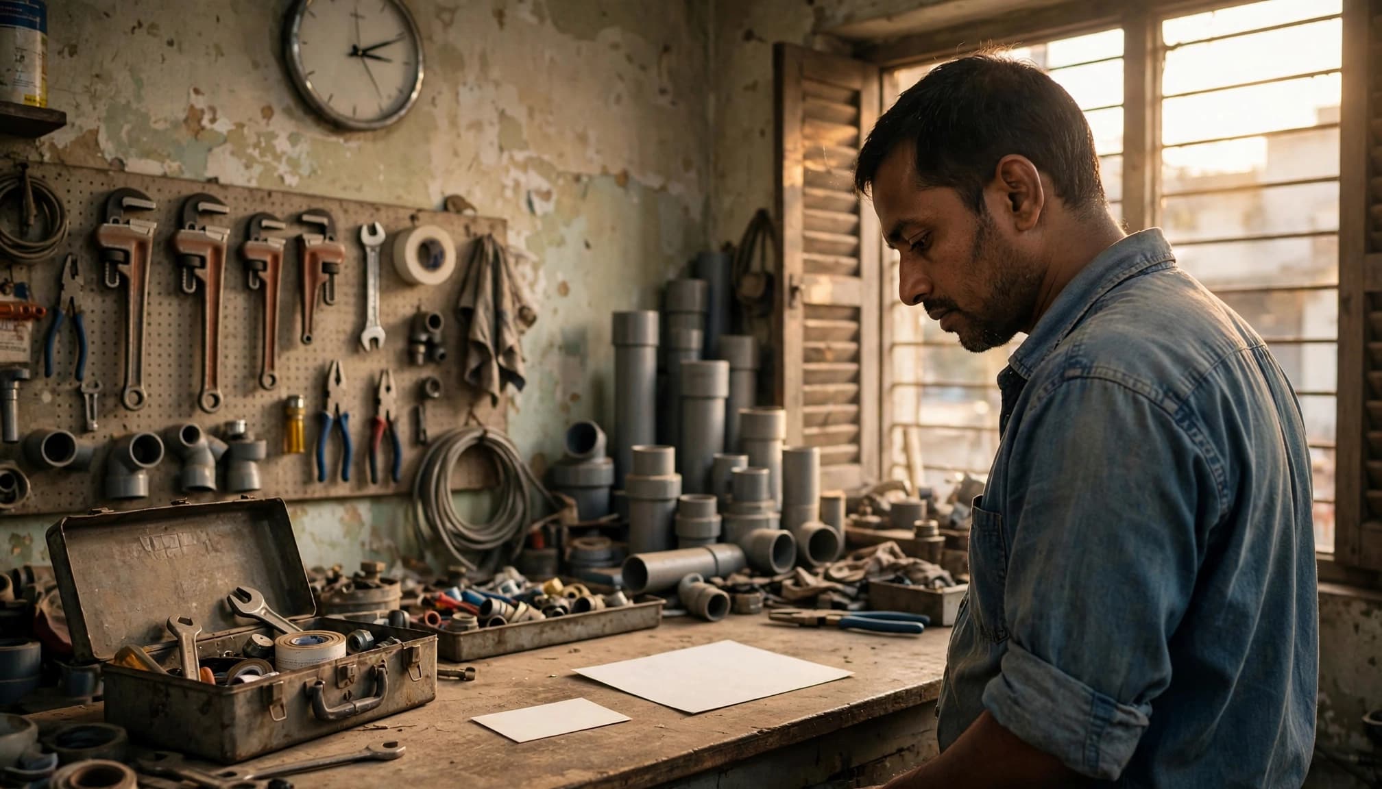 A plumbing shop owner reviews a blank card as a wall clock hangs behind him.