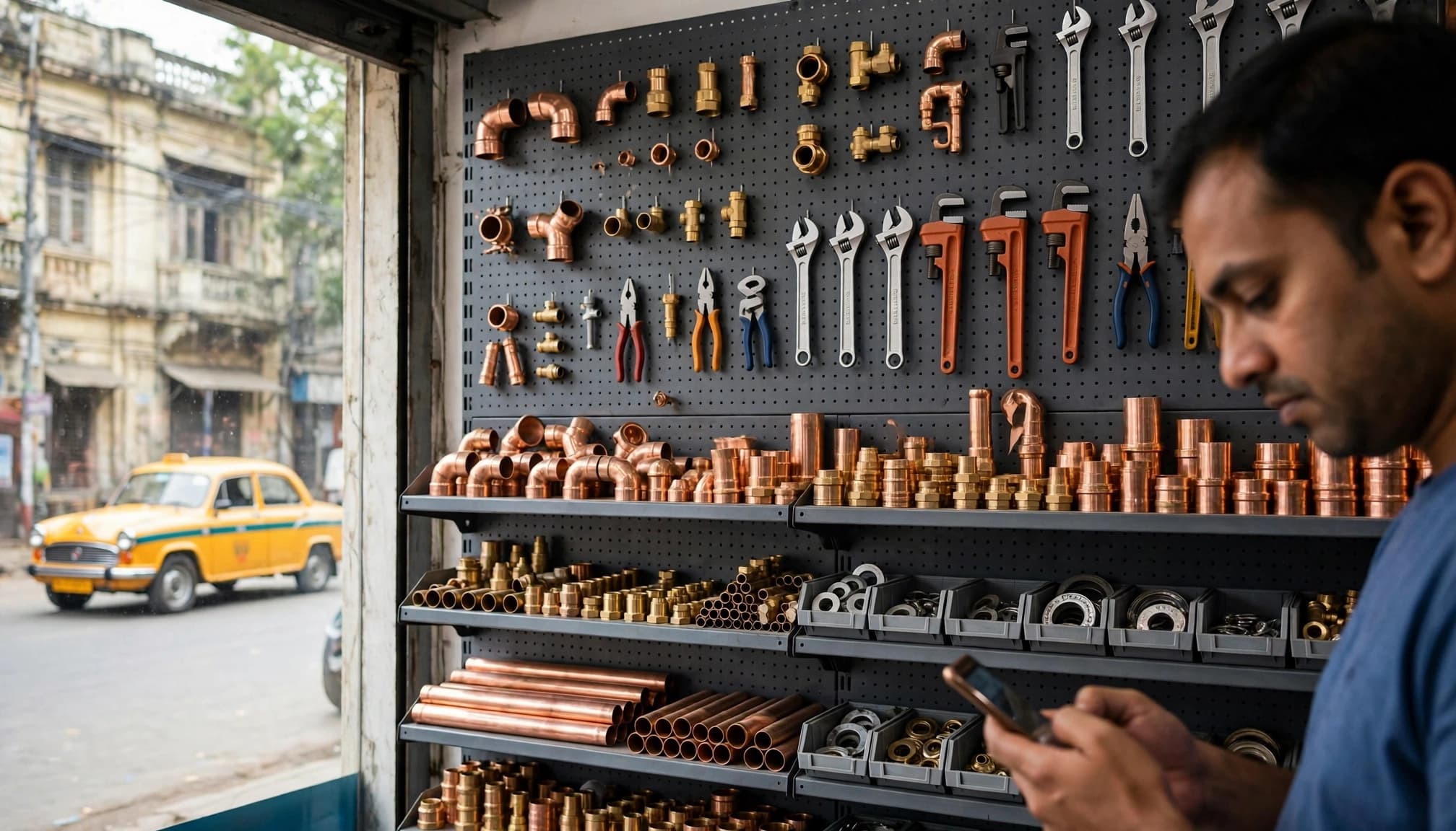 A plumbing business owner checks a phone in a showroom with copper fittings and wall-mounted tools.