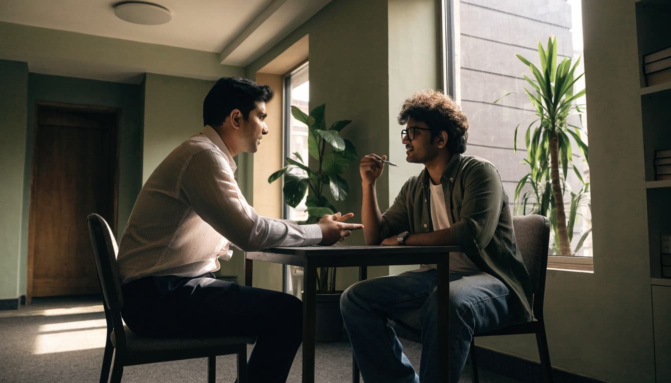 An accountant and web consultant greet each other across a table in a plant-filled lounge.