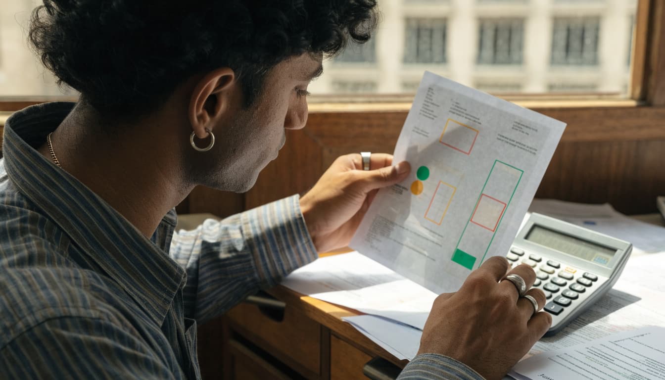 A business owner reviews a worksheet beside a calculator in a bright office.