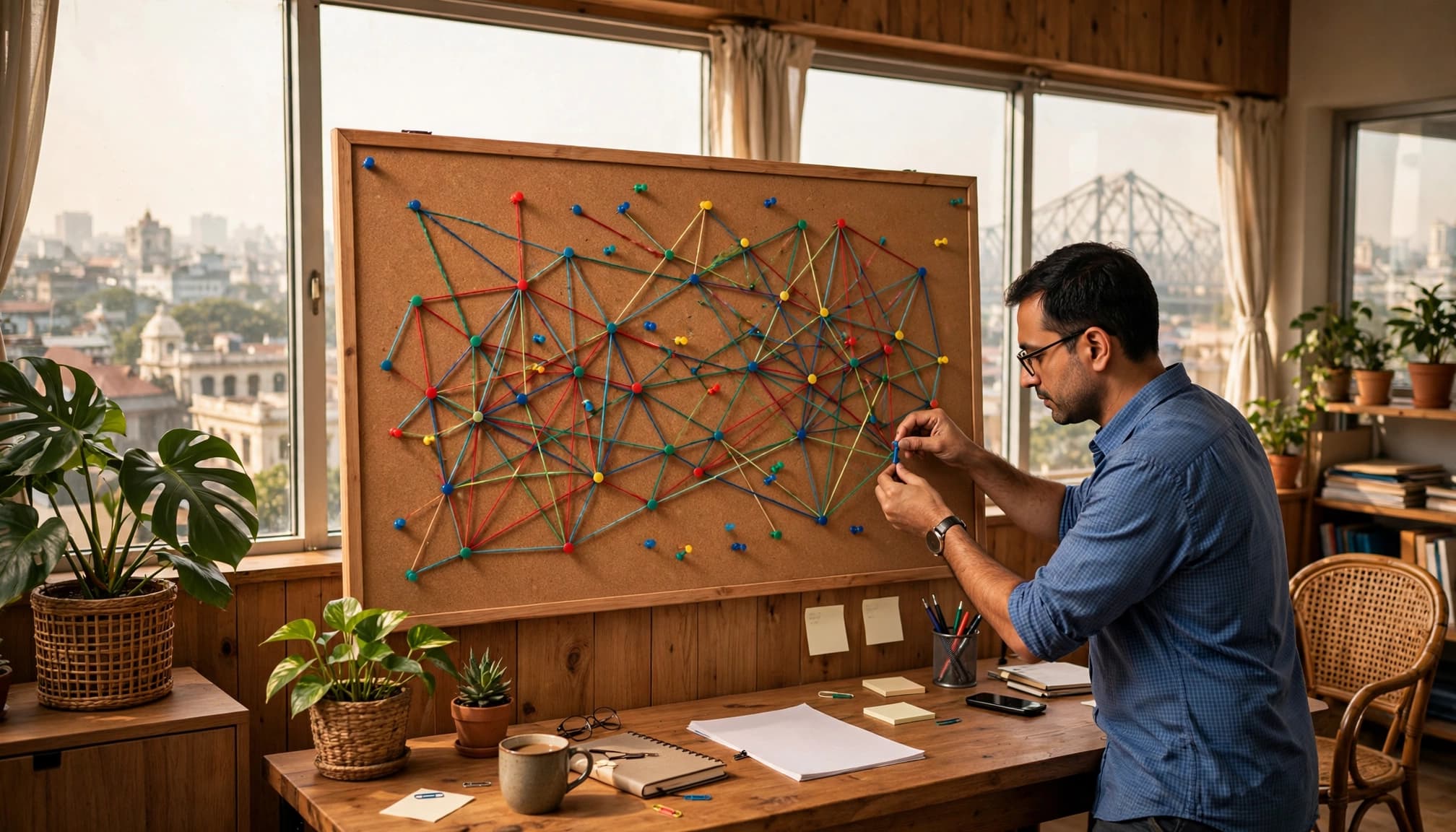 A business owner maps connections with pins and string beside a Kolkata-facing window.