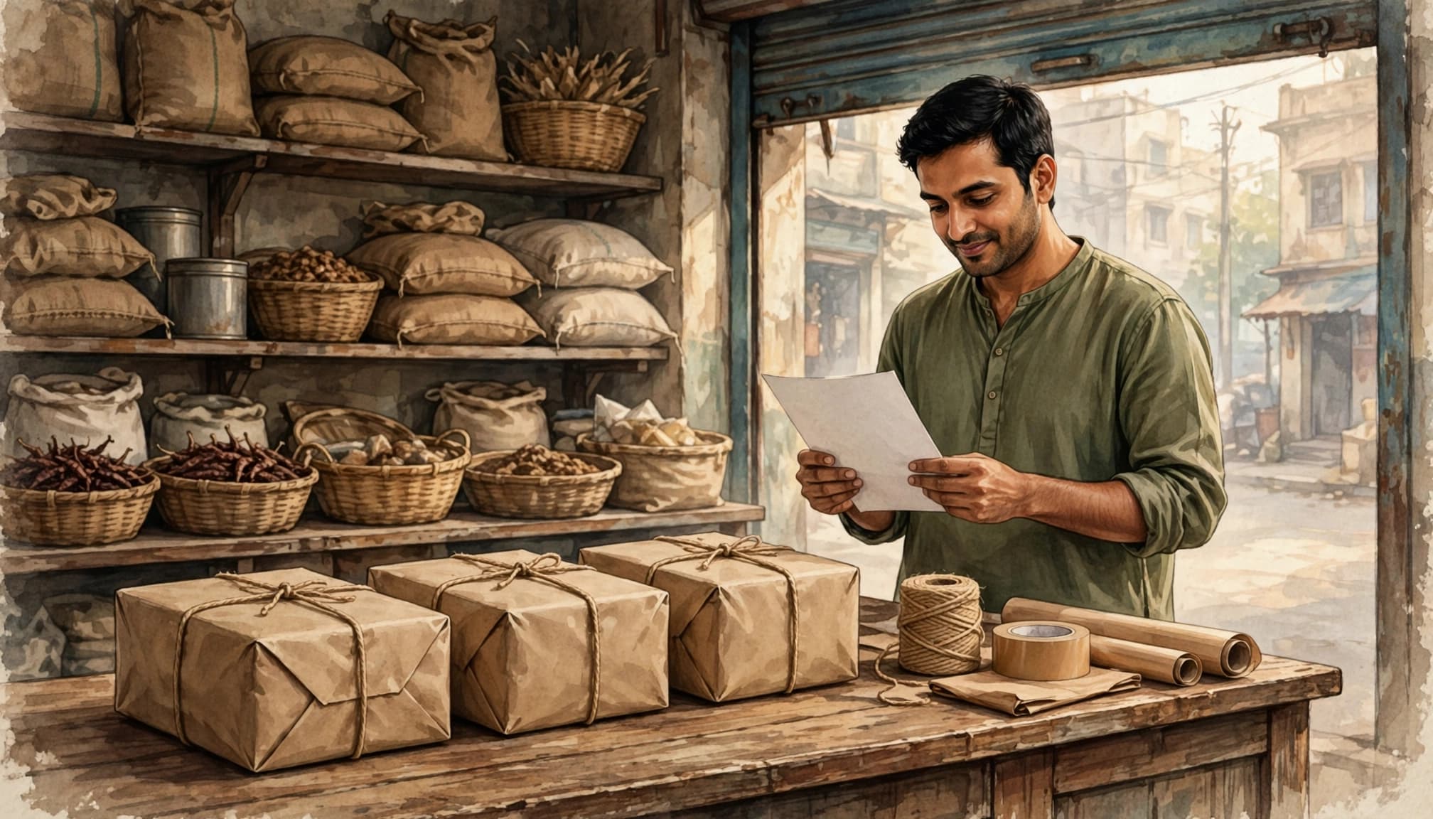 Illustrated Kolkata retailer reviewing an ecommerce order