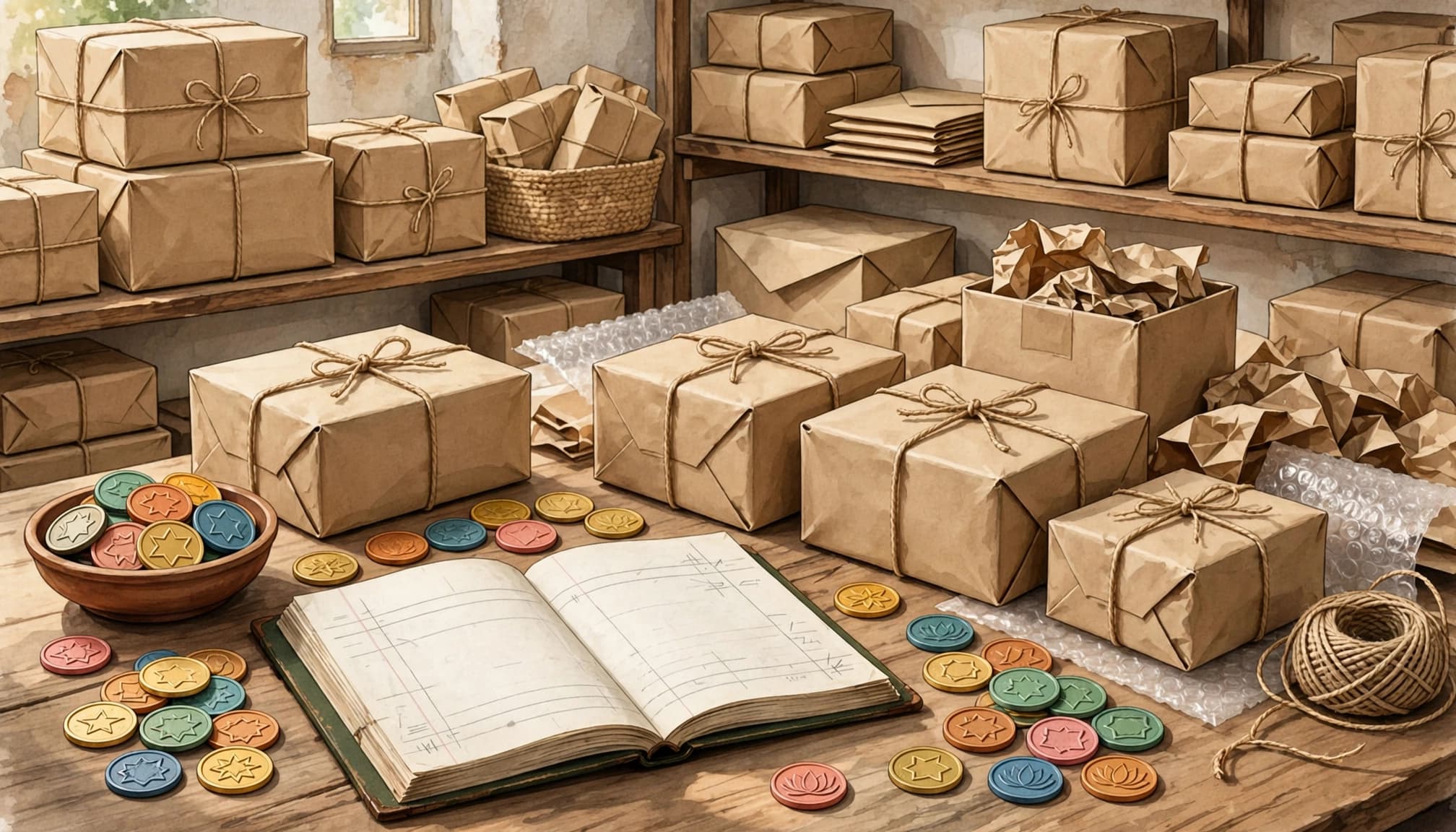 Reward tokens, parcels, and a planning ledger.