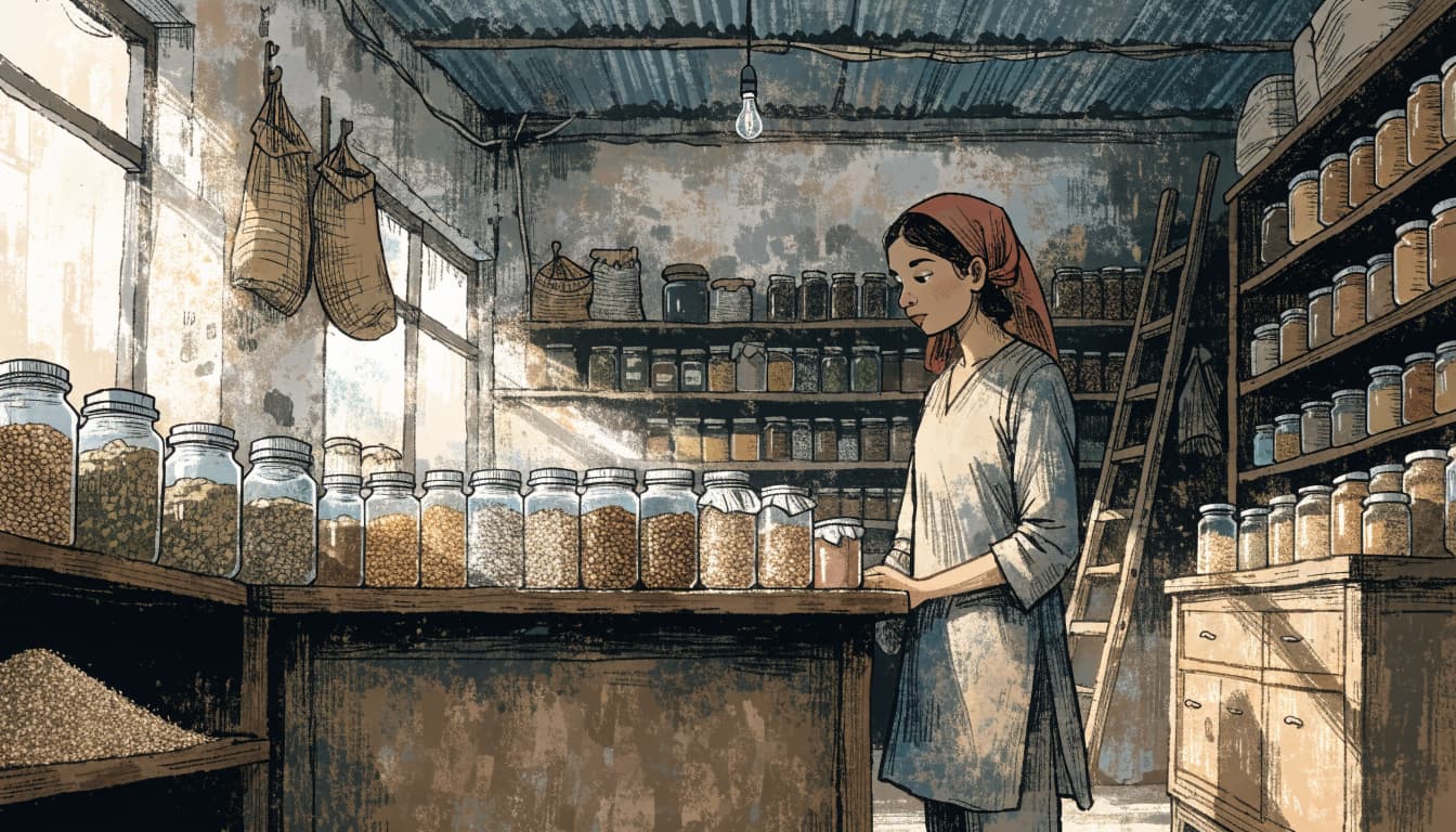 Shop owner considering products and customer needs.