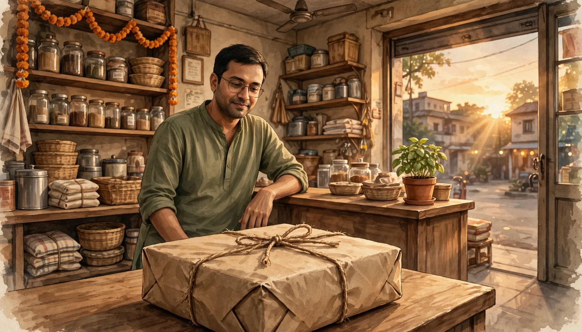 Shopkeeper preparing a returning customer's parcel