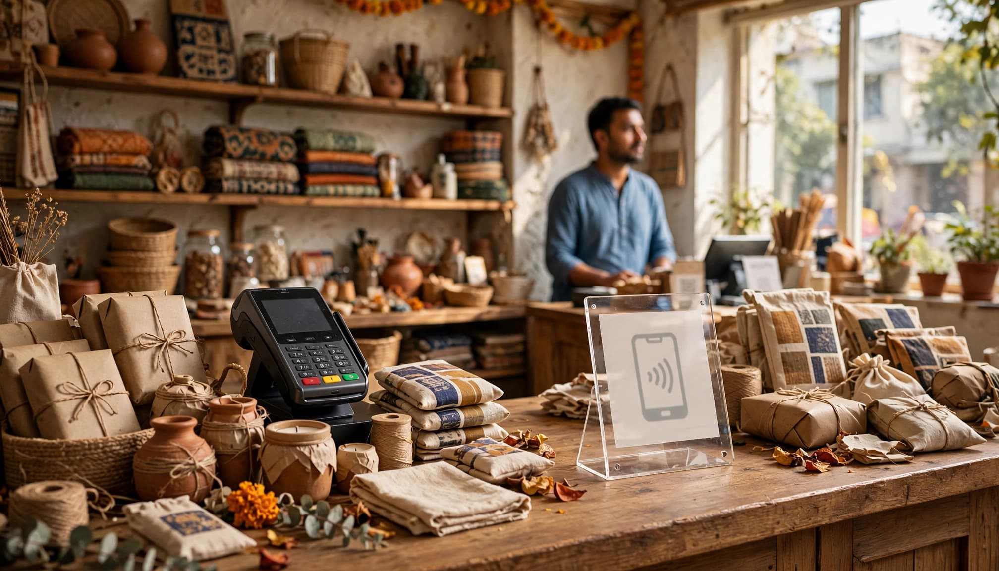 A card terminal and QR payment sign on a wooden artisan shop counter with packaged goods.