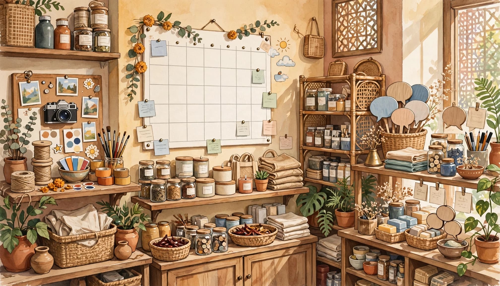 An organised shop with a monthly planner.