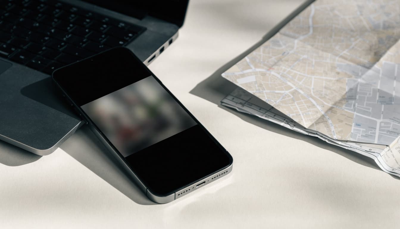 A phone, open laptop, and folded Kolkata map arranged on a neutral tabletop.