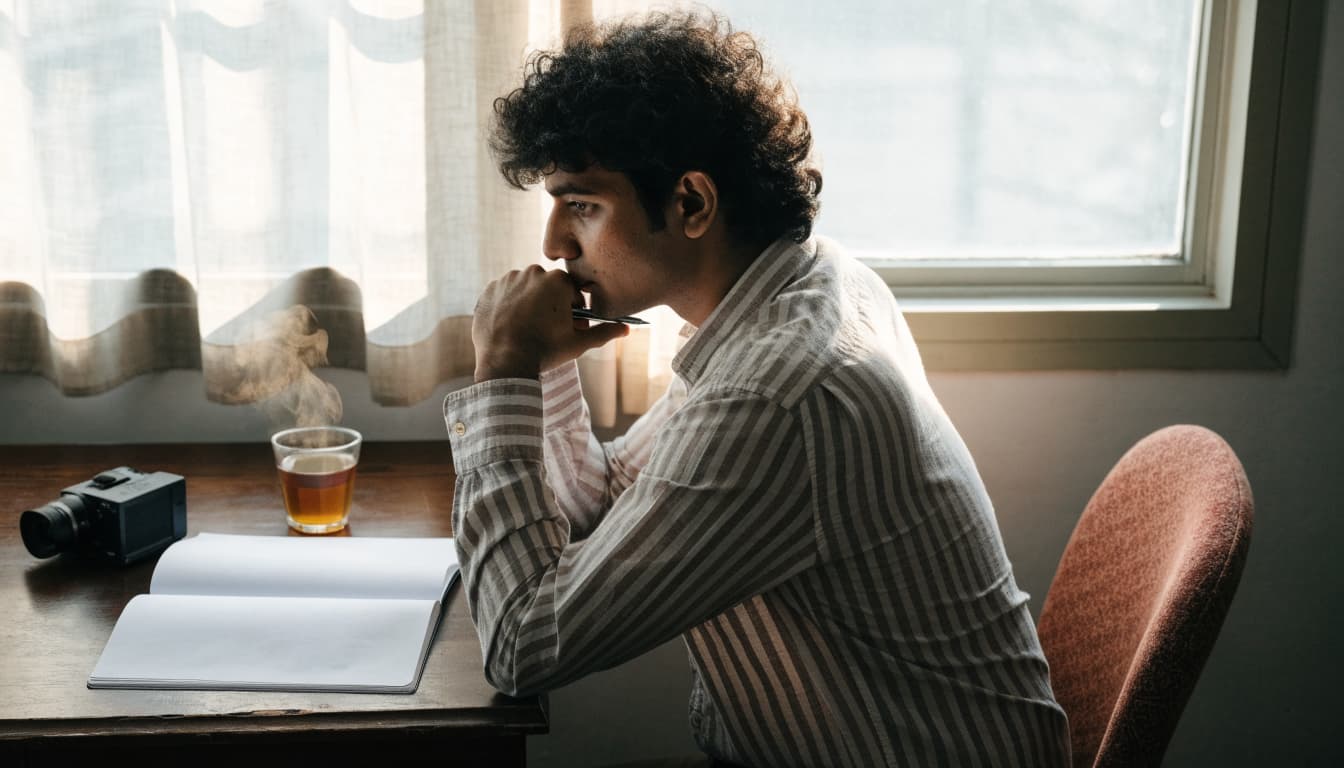 A business owner in profile sits beside a blank notebook, camera, and cup of tea.