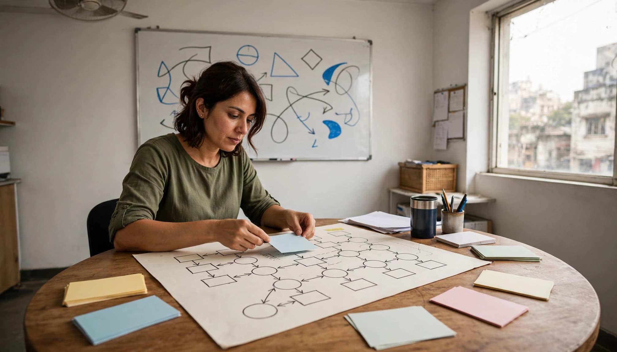 A seated administrator arranges colored cards beside a paper routing map.